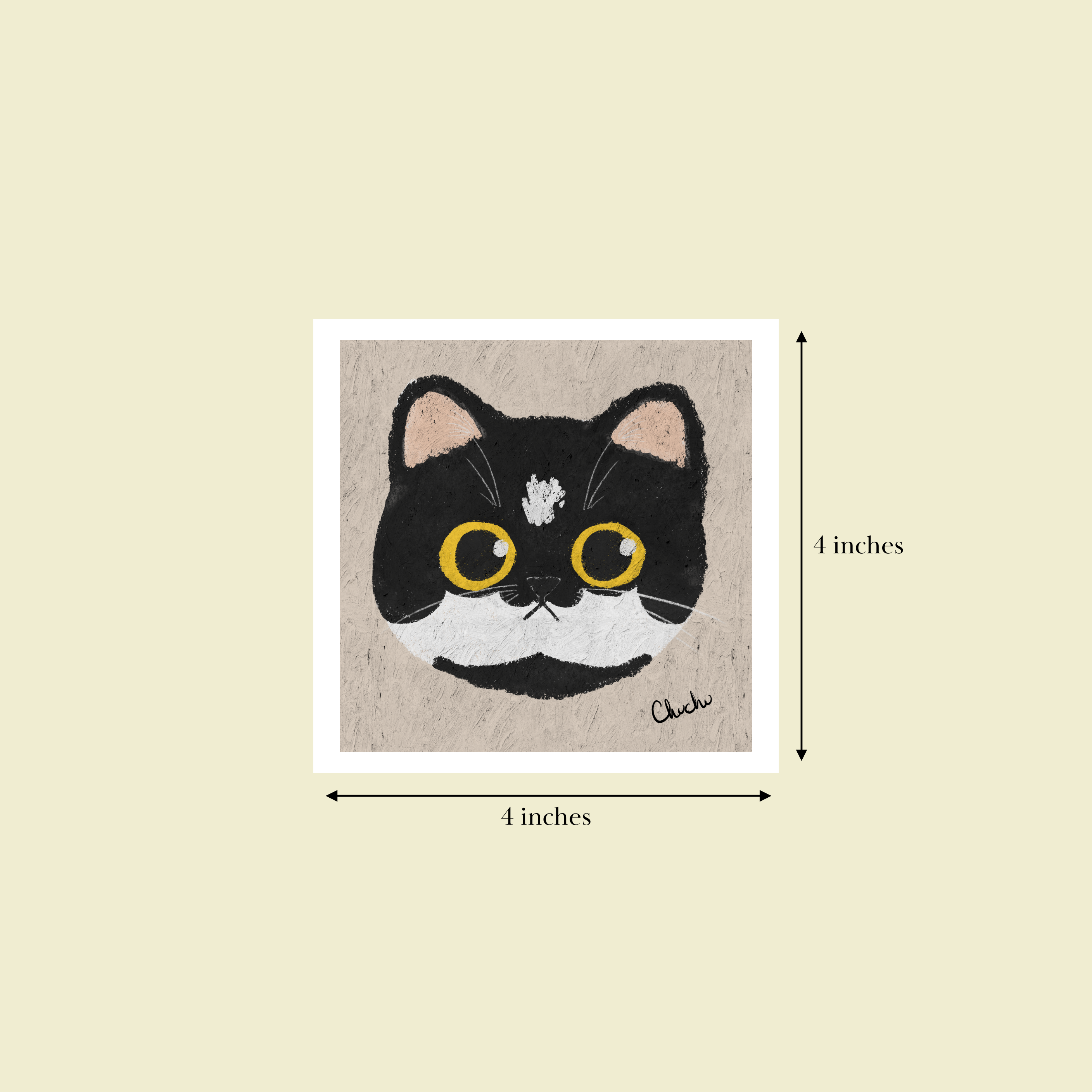 image reference for sizing tuxedo cat mini art print