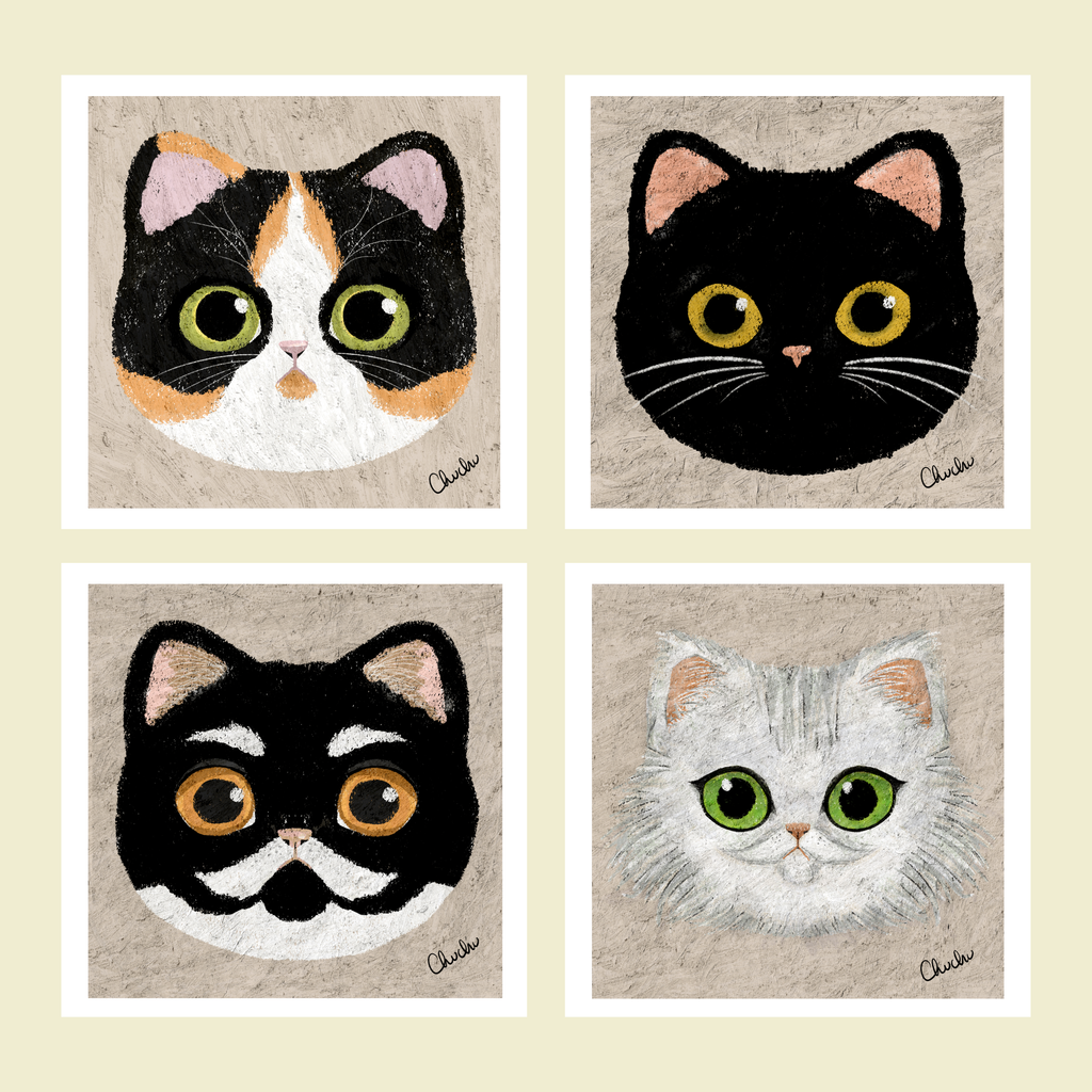 cat portrait art prints different breeds illustration quirky funny style