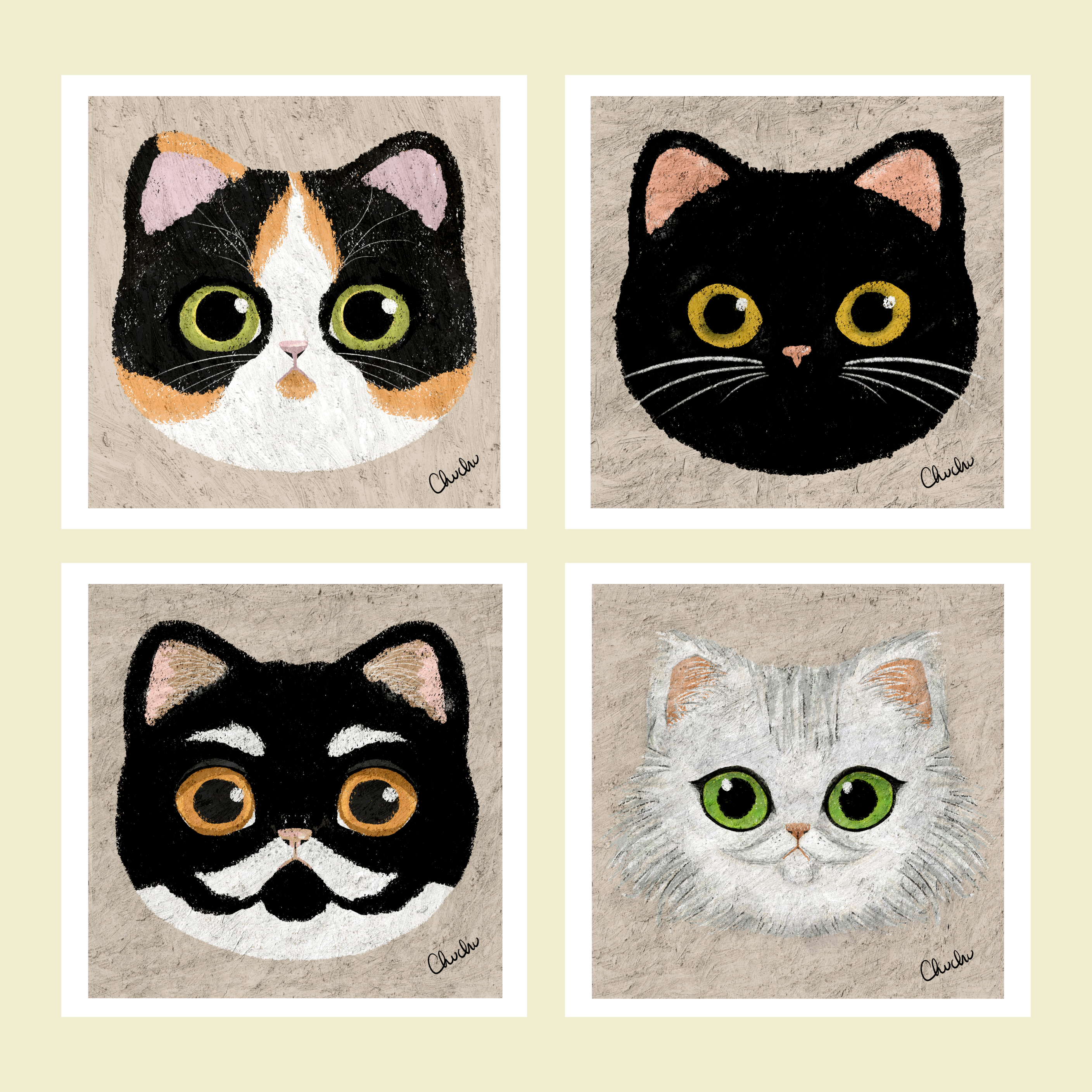 cat portrait art prints different breeds illustration quirky funny style