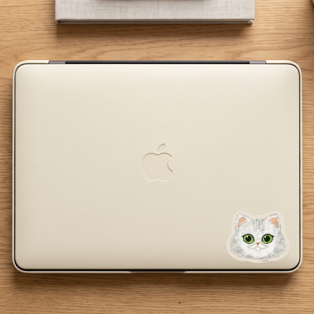 fluffy white cat kawaii cat persian cat  vinyl matte sticker waterproof original artwork digital pastel illustration on apple laptop