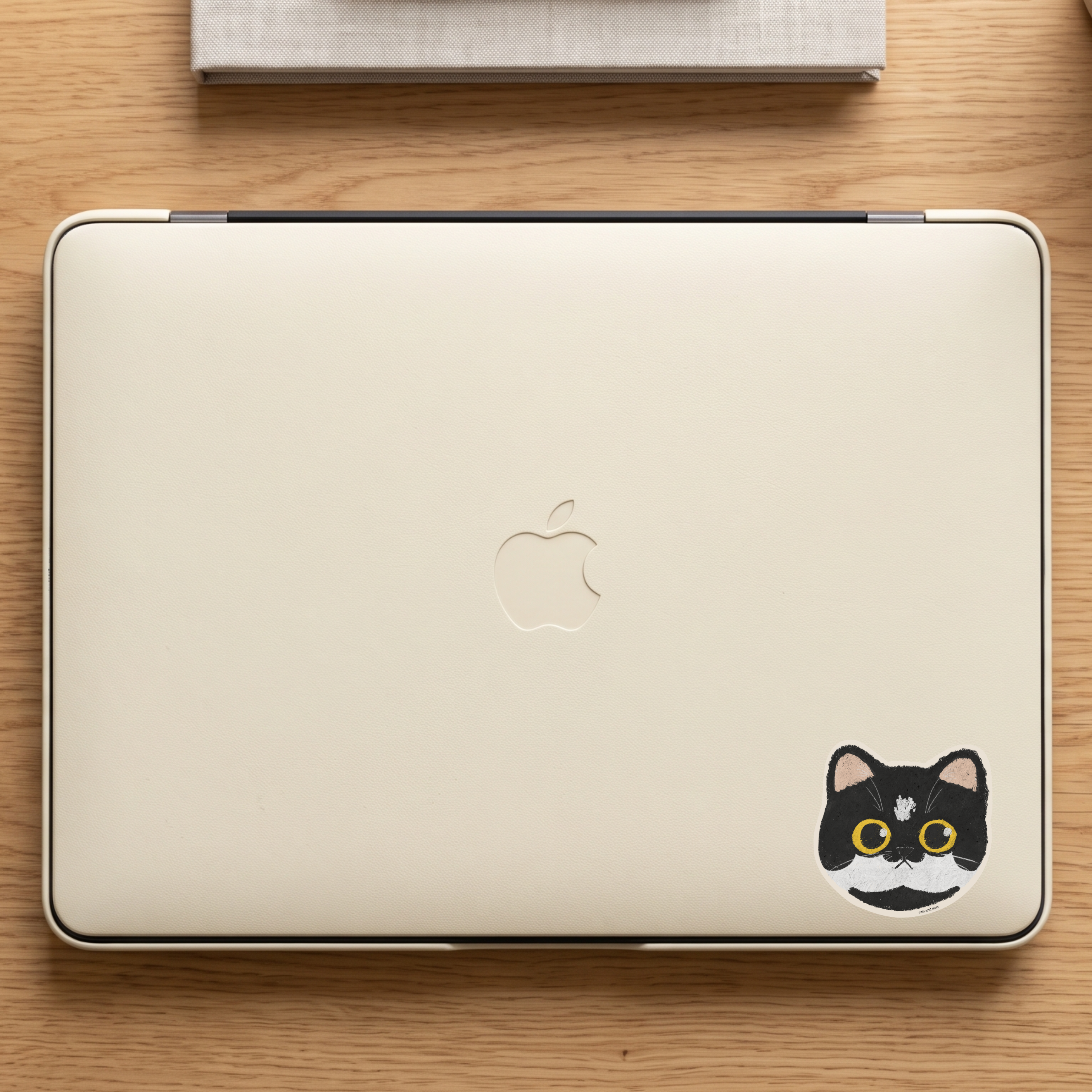 tuxedo cat  vinyl matte sticker waterproof original artwork digital pastel illustration on apple laptop