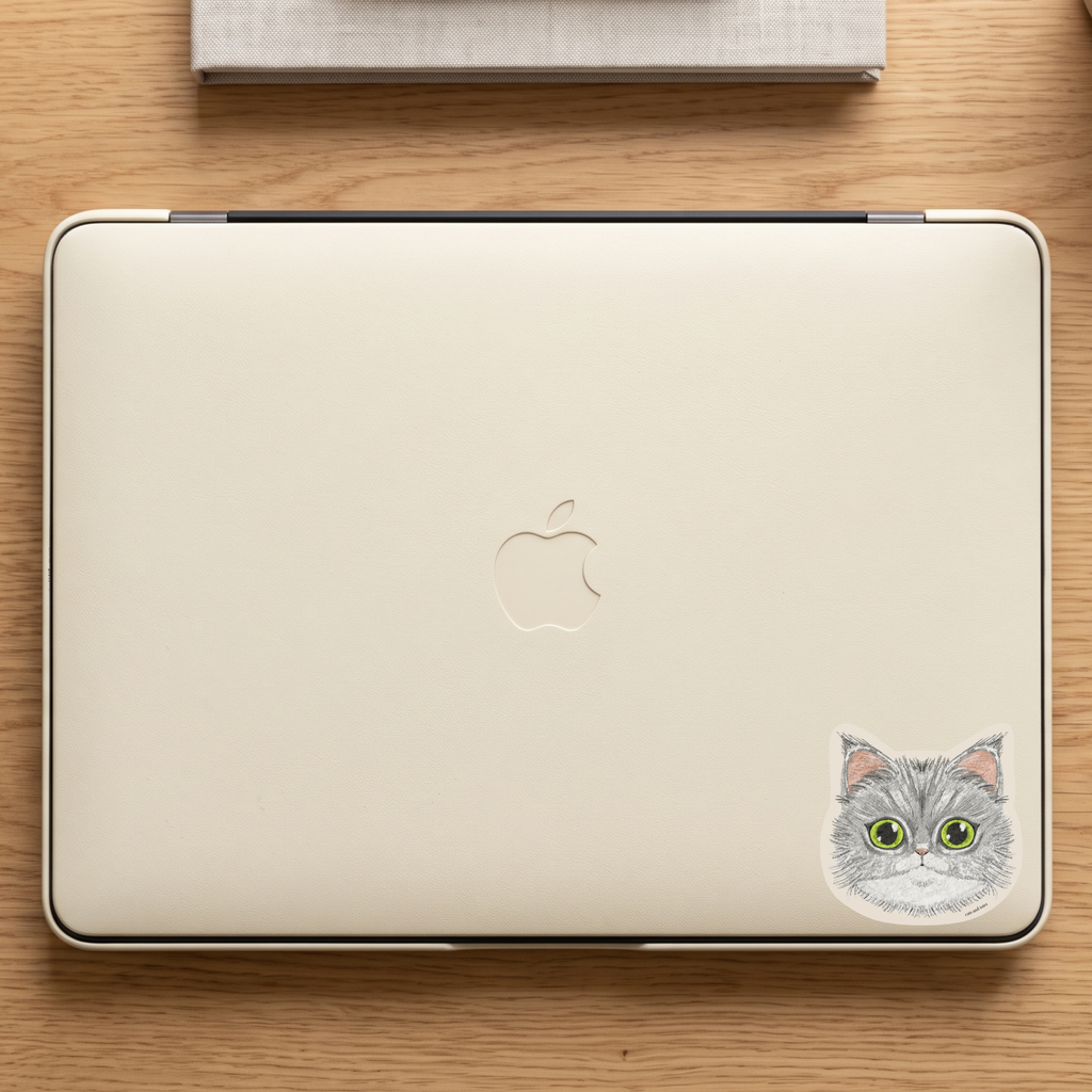 fluffy cat maine coon cat  vinyl matte sticker waterproof original artwork digital pastel illustration on apple laptop