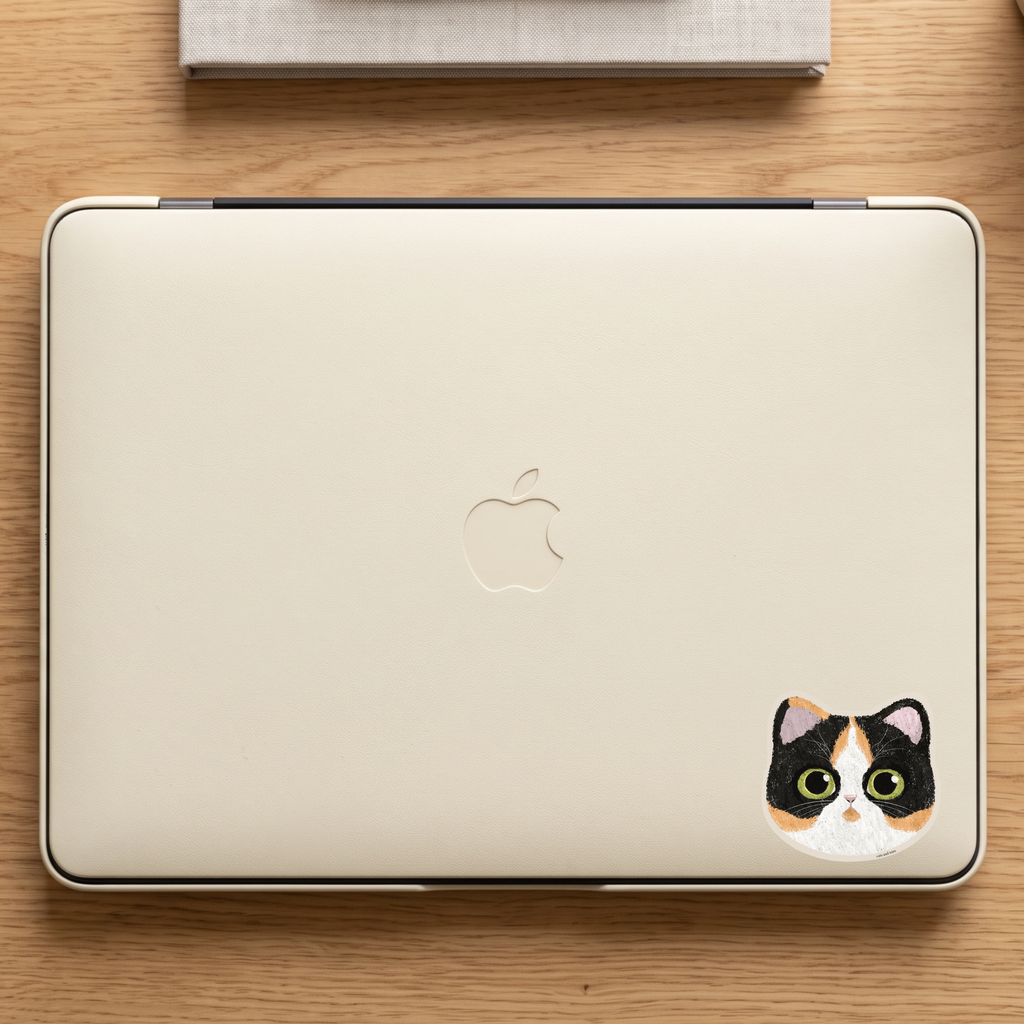 tricolor cat calico cat  vinyl matte sticker waterproof original artwork digital pastel illustration on apple laptop