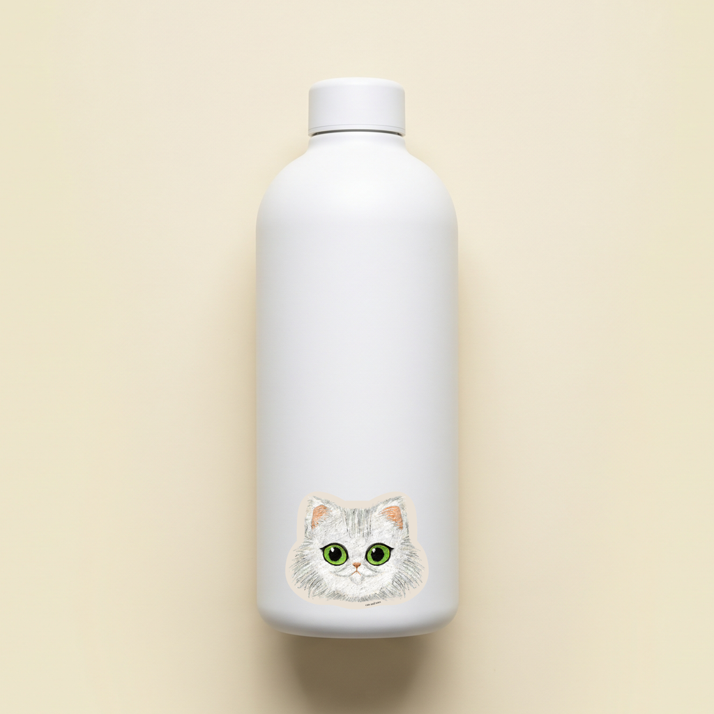 white fluffy persian cat tabby cat american shorthair vinyl matte waterproof sticker on a white water bottle