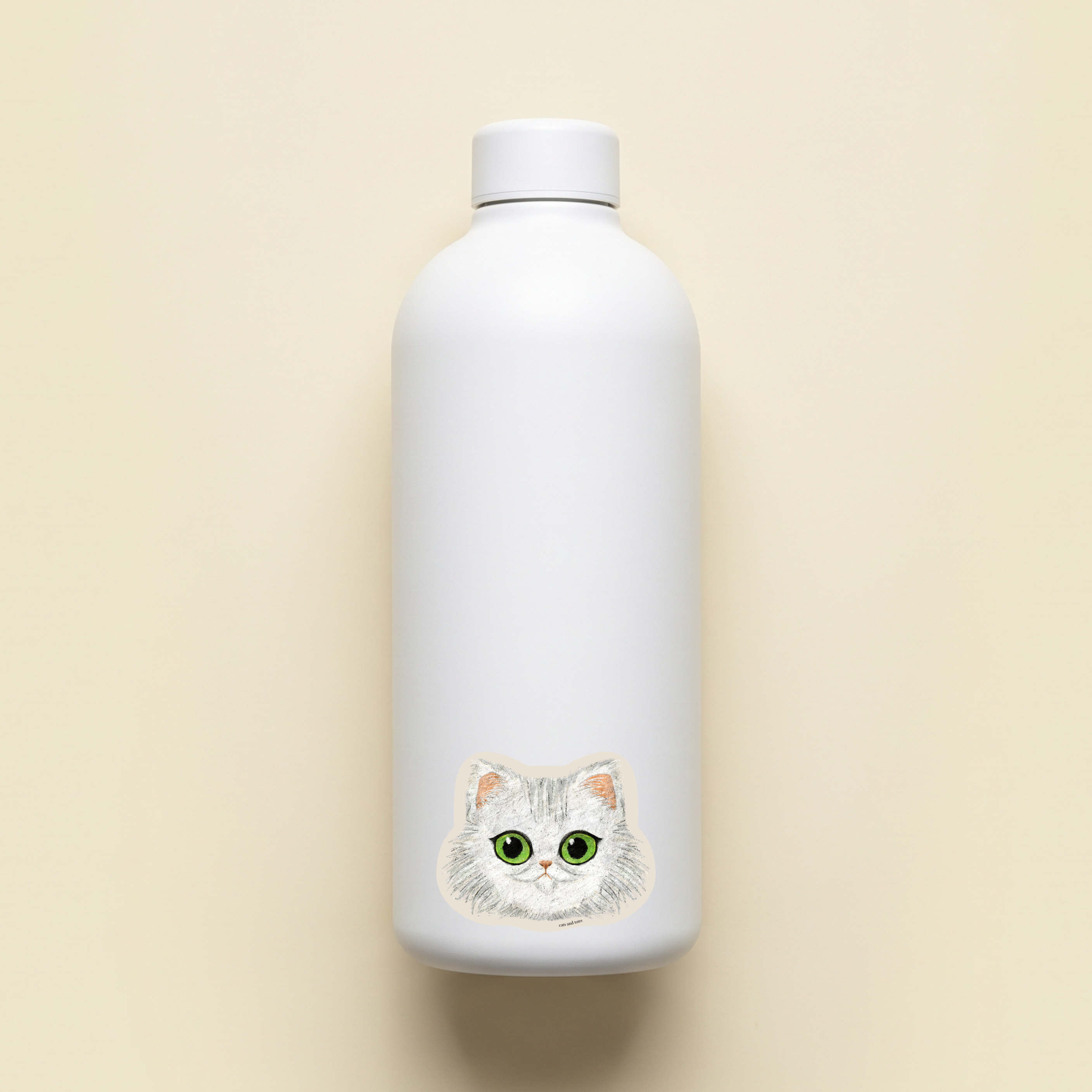 white fluffy persian cat tabby cat american shorthair vinyl matte waterproof sticker on a white water bottle