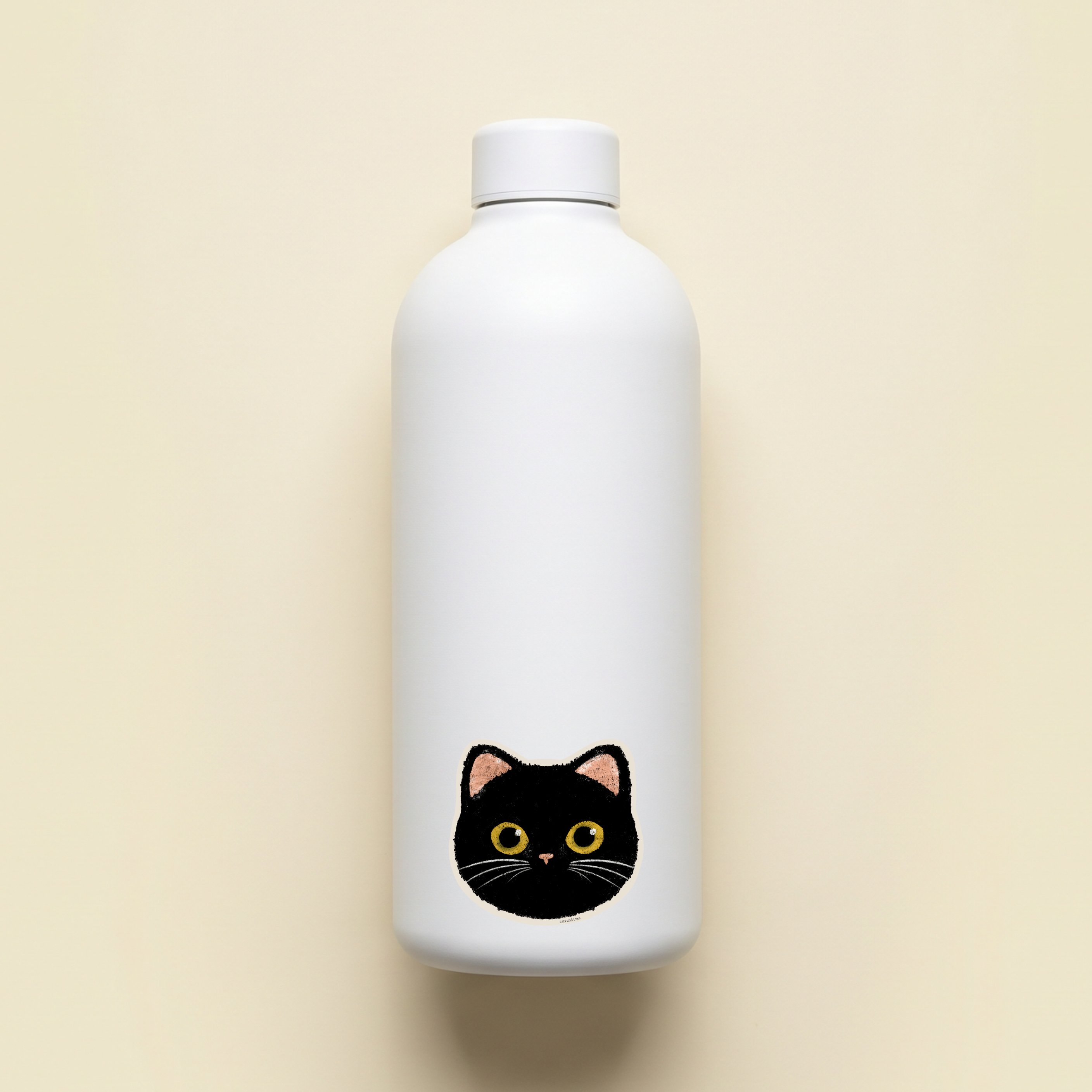 black cat tabby cat american shorthair vinyl matte waterproof sticker on a white water bottle