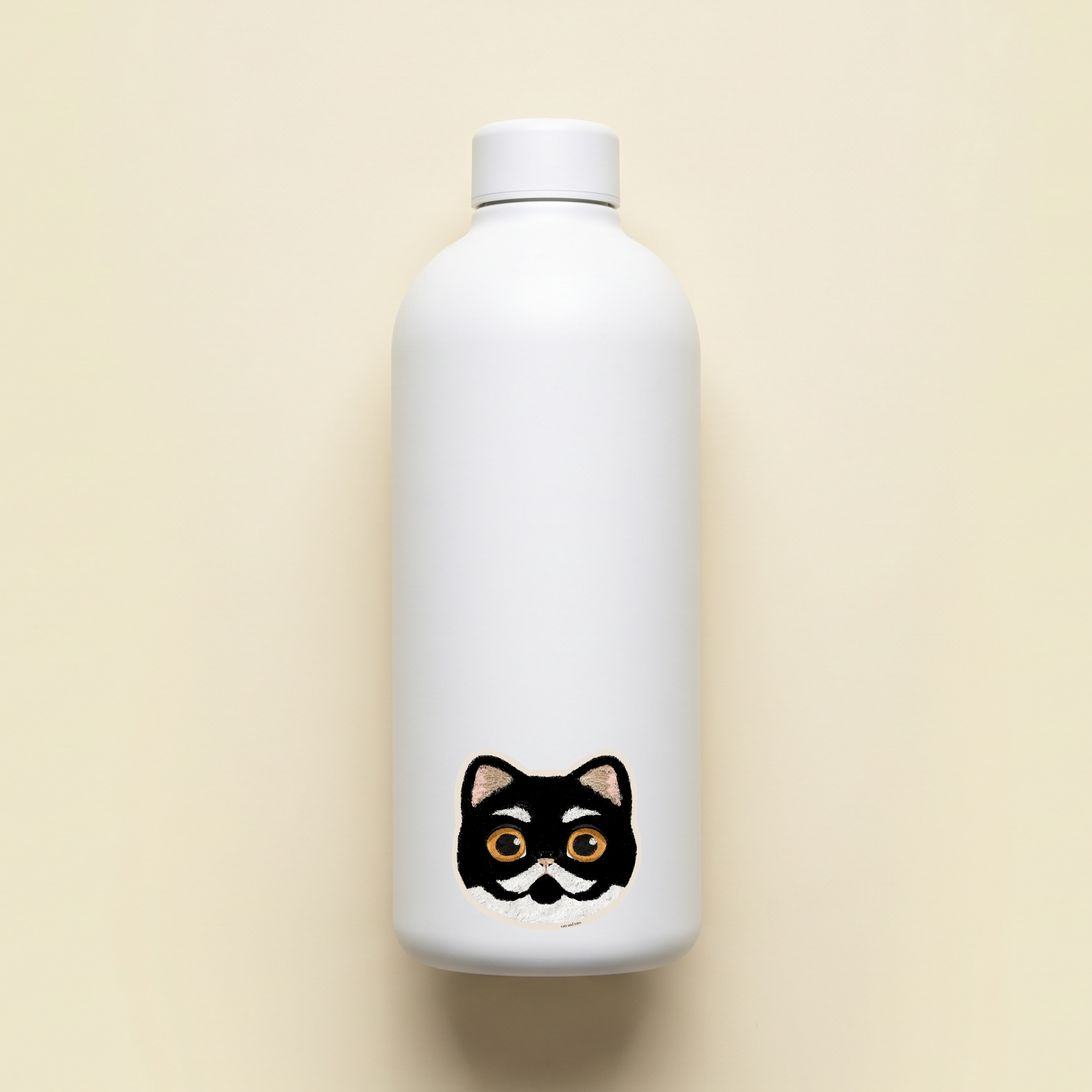 funny tuxedo cat tabby cat american shorthair vinyl matte waterproof sticker on a white water bottle
