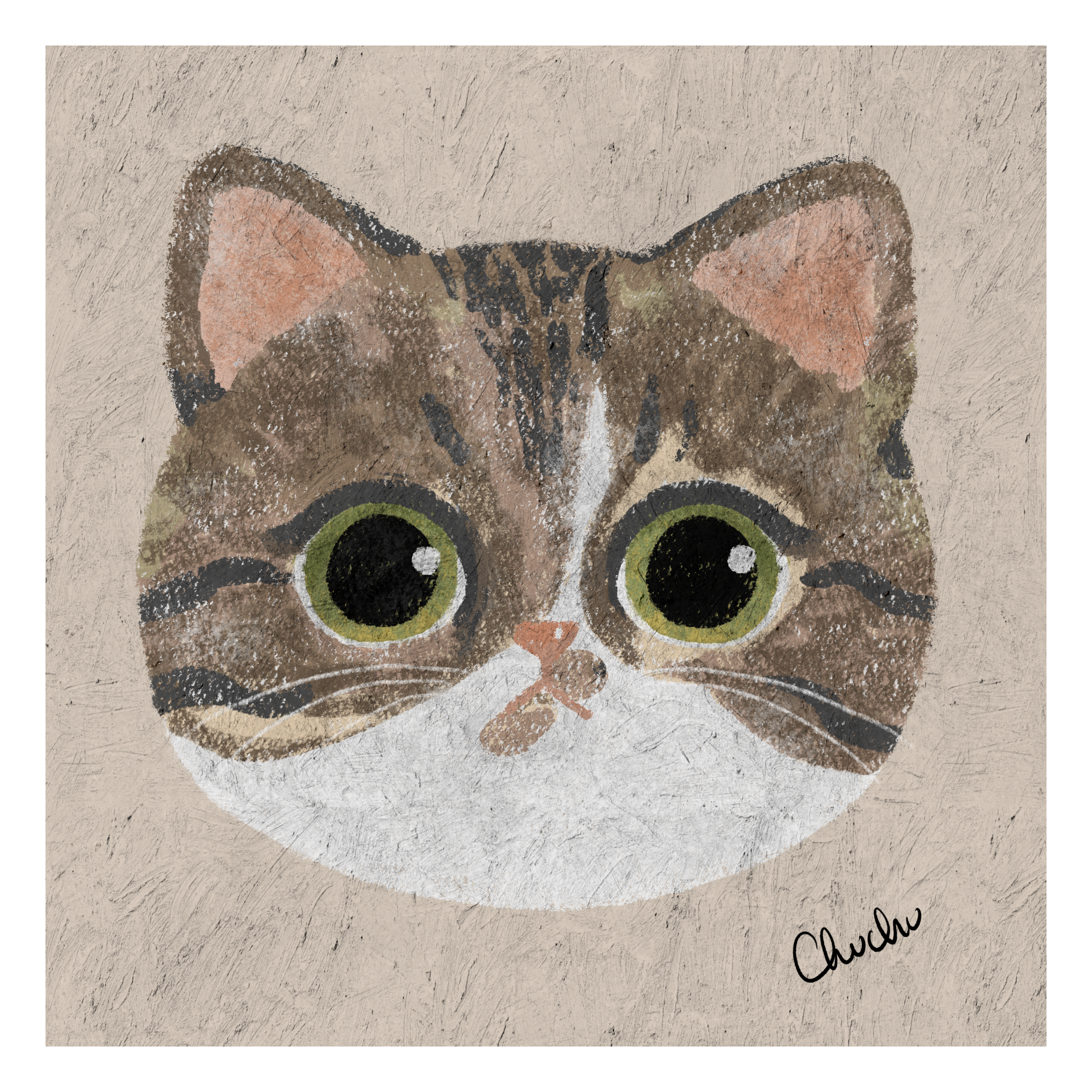 american shorthair brown with green eyes in cute digital pastel. Digital handpainted original artwork. Half tabby and half white cat
