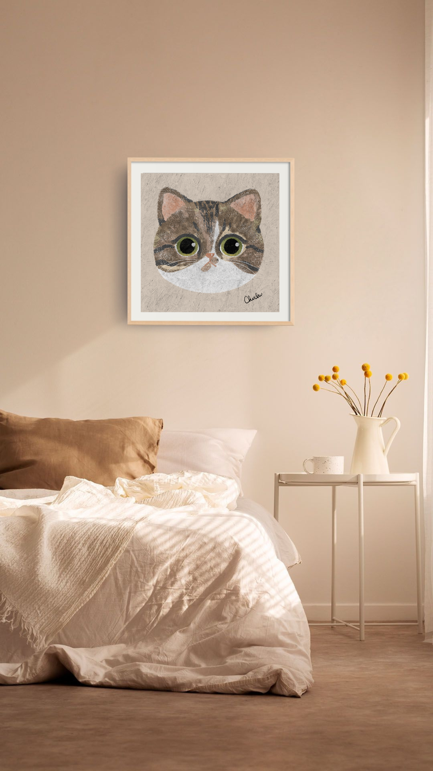 american shorthair cat portrait original digital illustration in pastel textures in a boho bedroom light and airy