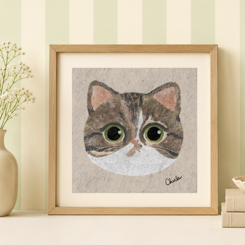 american shorthair with green eyes in wooden frame and green and beige stripe wallpaper decor inspiration