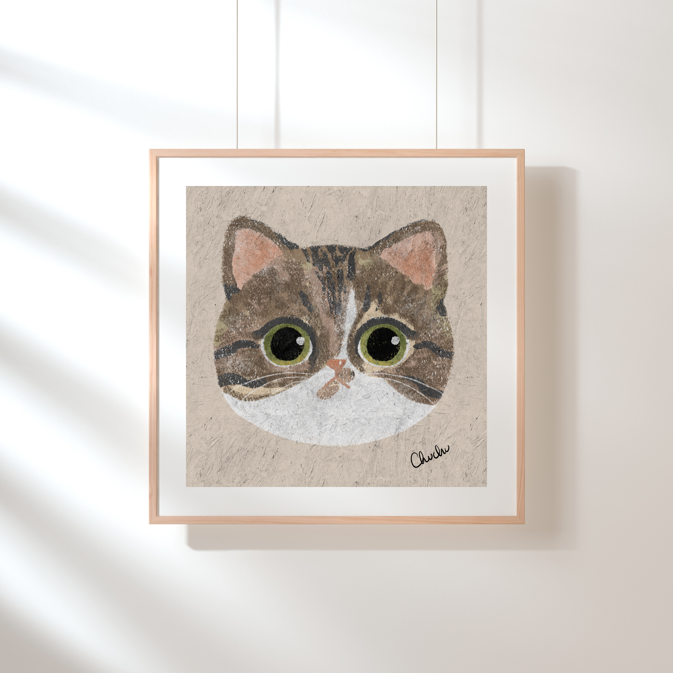 american shorthair white and tabby cat portrait hanging frame painting print art