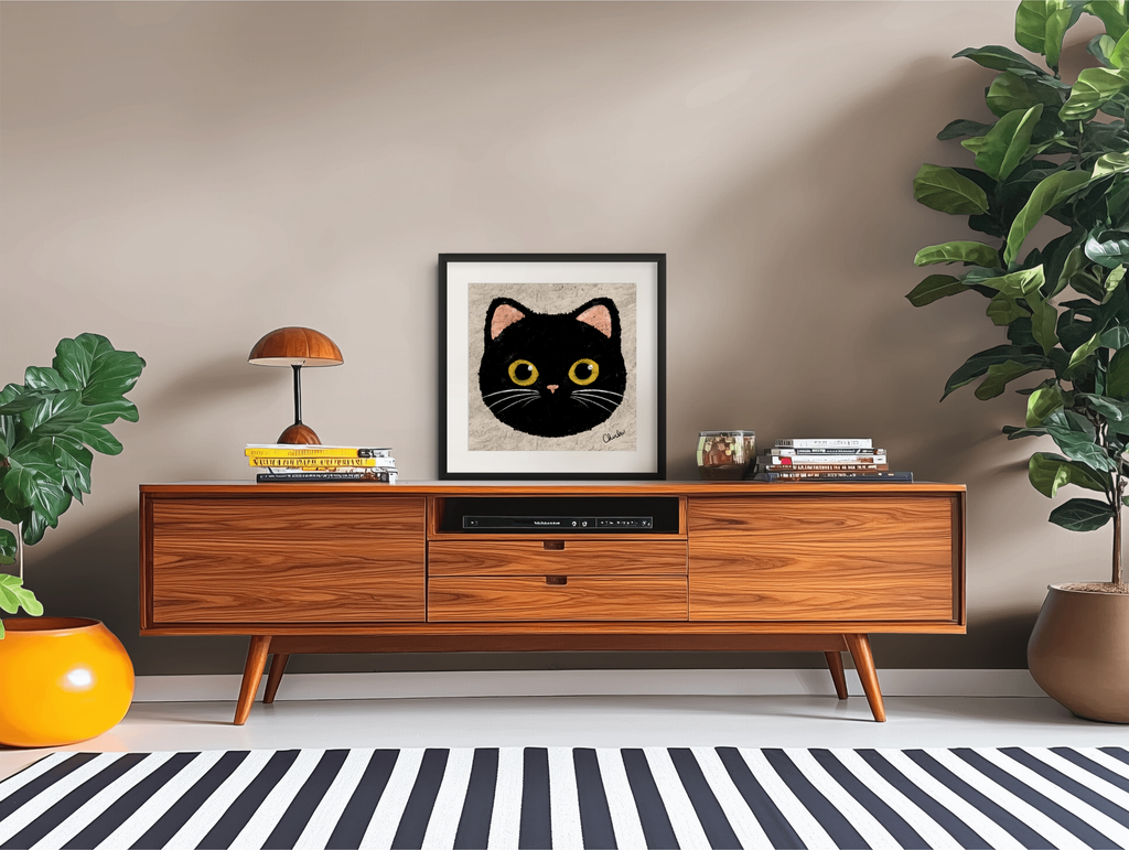black cat  art print painting quirky fun design illustration in wooden eclectic living room space home decor art piece design