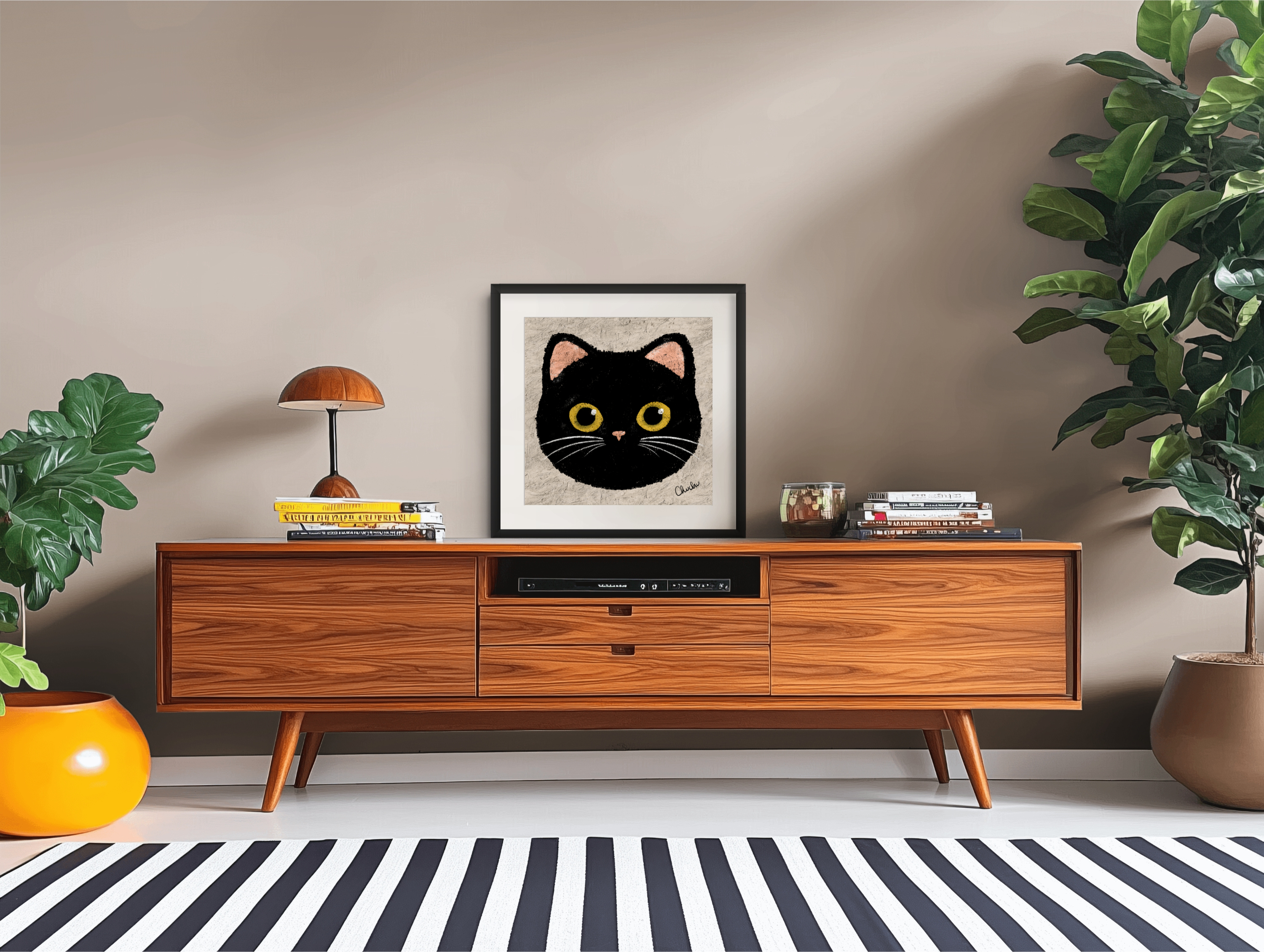 black cat  art print painting quirky fun design illustration in wooden eclectic living room space home decor art piece design