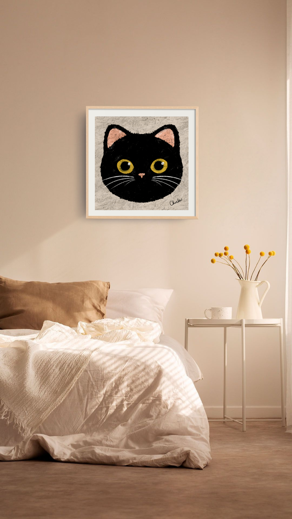 black cat with yellow eyes quirky pastel textures frame decor painting original artwork in boho bedroom light and airy design
