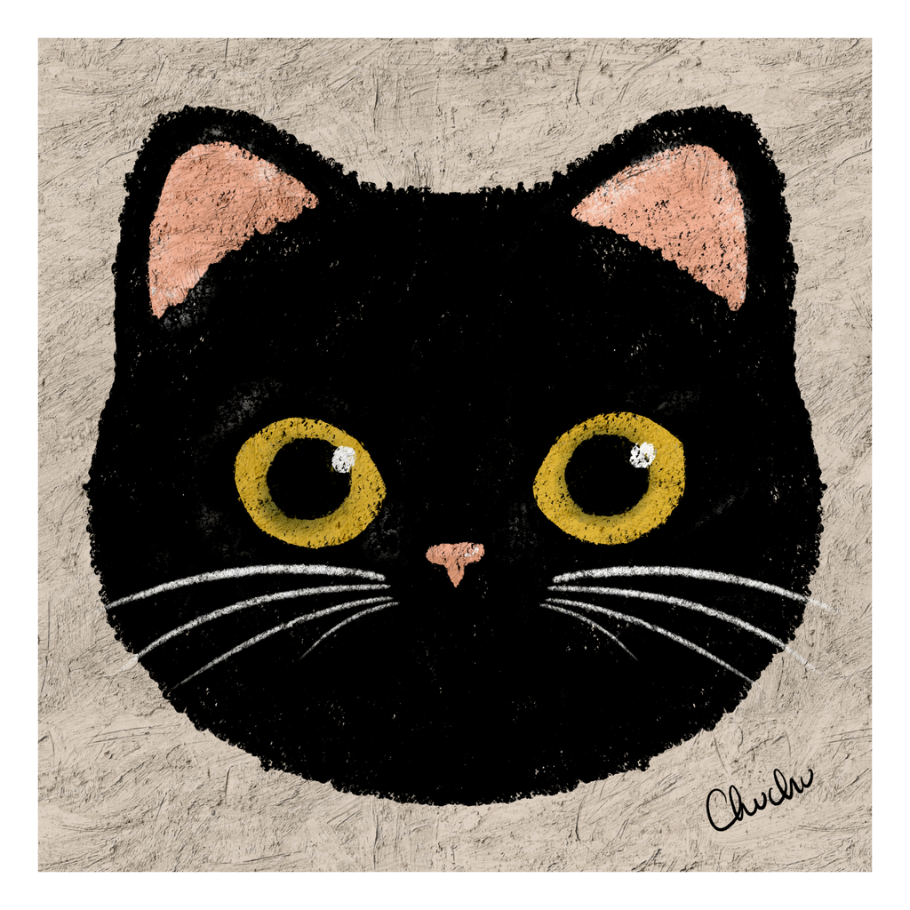 black cat with big yellow eyes and white moustache and pink ears cute and fun pastel textures and quirky cat portrait