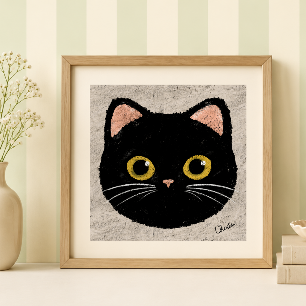black cat in wooden frame with green and beige stripe wallpaper decor 