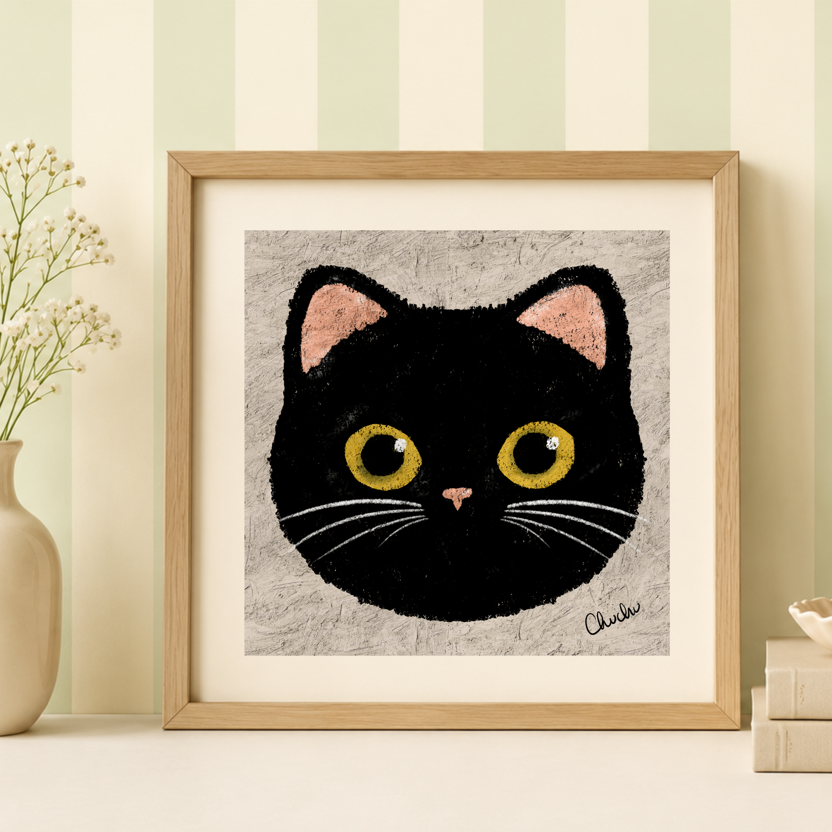 black cat in wooden frame with green and beige stripe wallpaper decor 