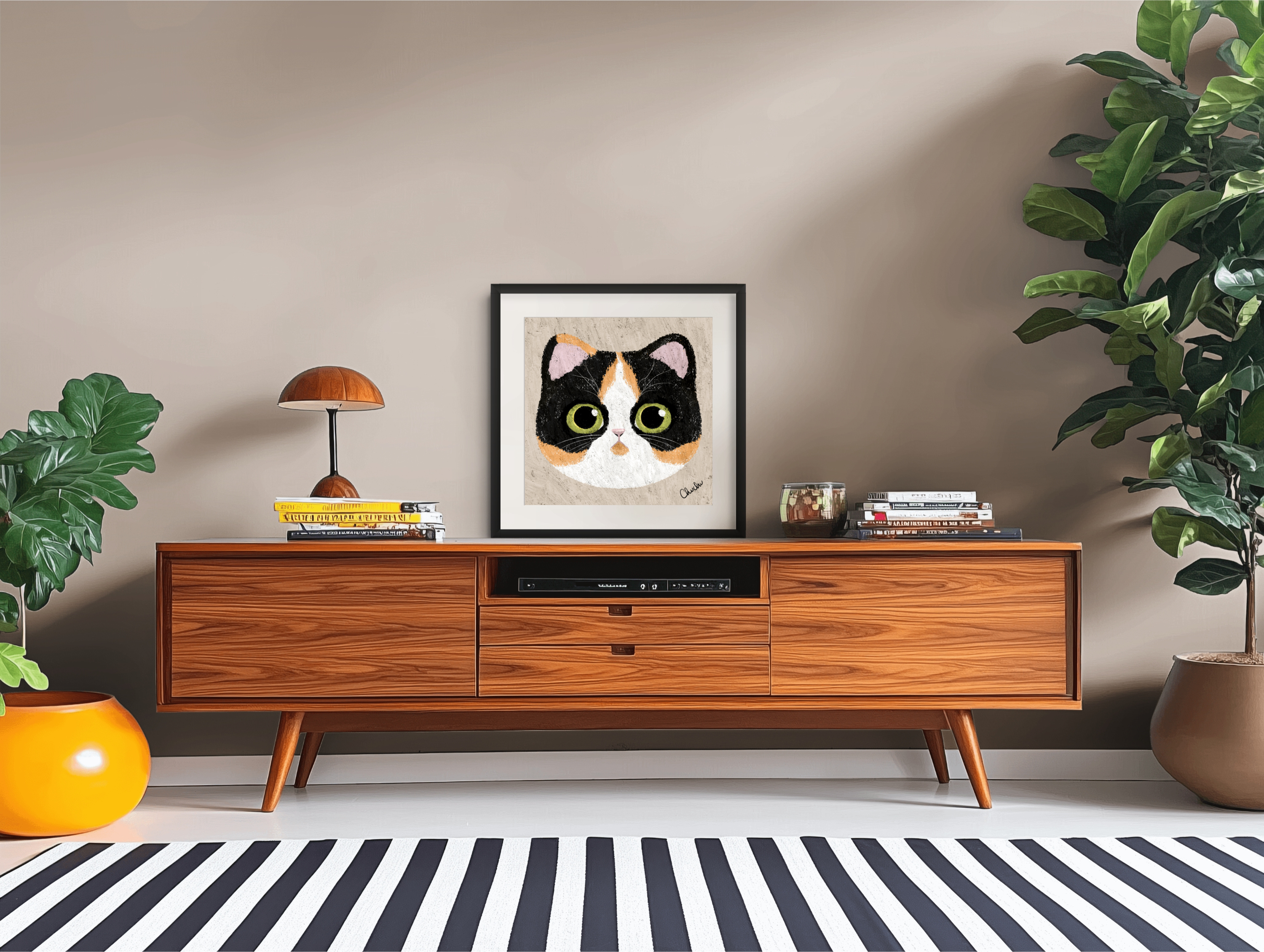 fun calico cat print painting quirky fun design illustration in wooden eclectic living room space home decor art piece design