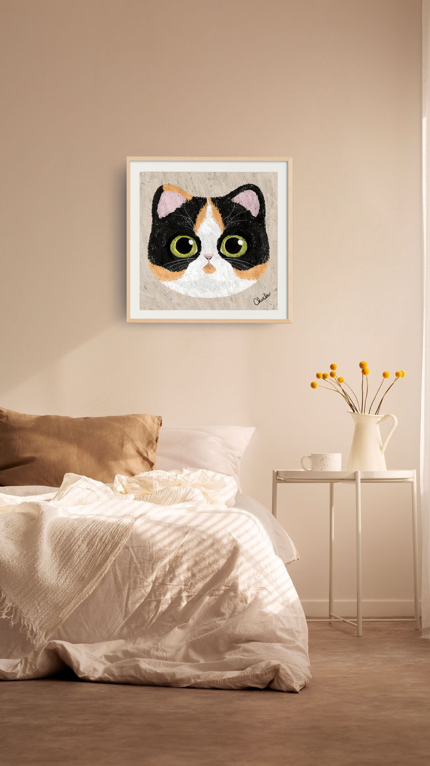 calico cat with green eyes in pastel textures original artwork illustration frame decor painting in boho bedroom minimalist decor design inspiration