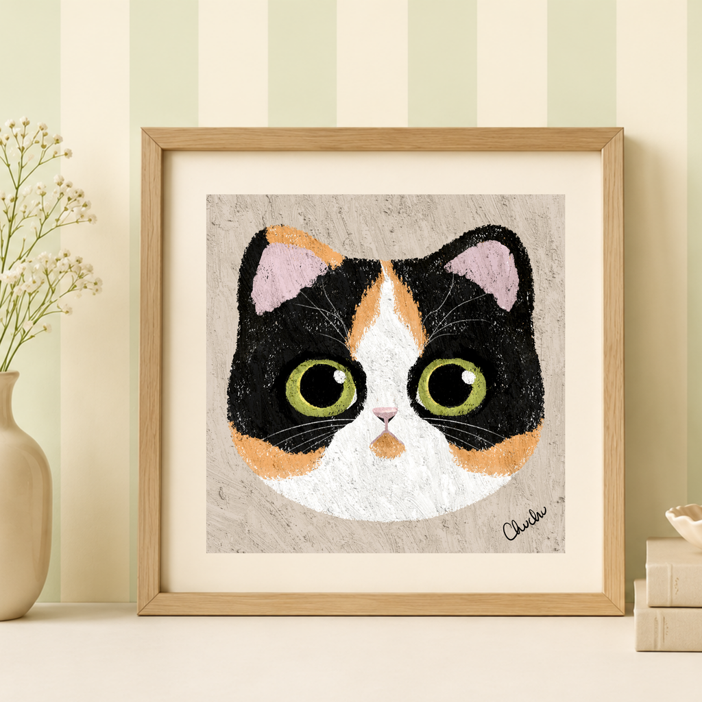 pastel calico cat head portrait painting in wooden frame and sage and cream stripe wallpaper home decor
