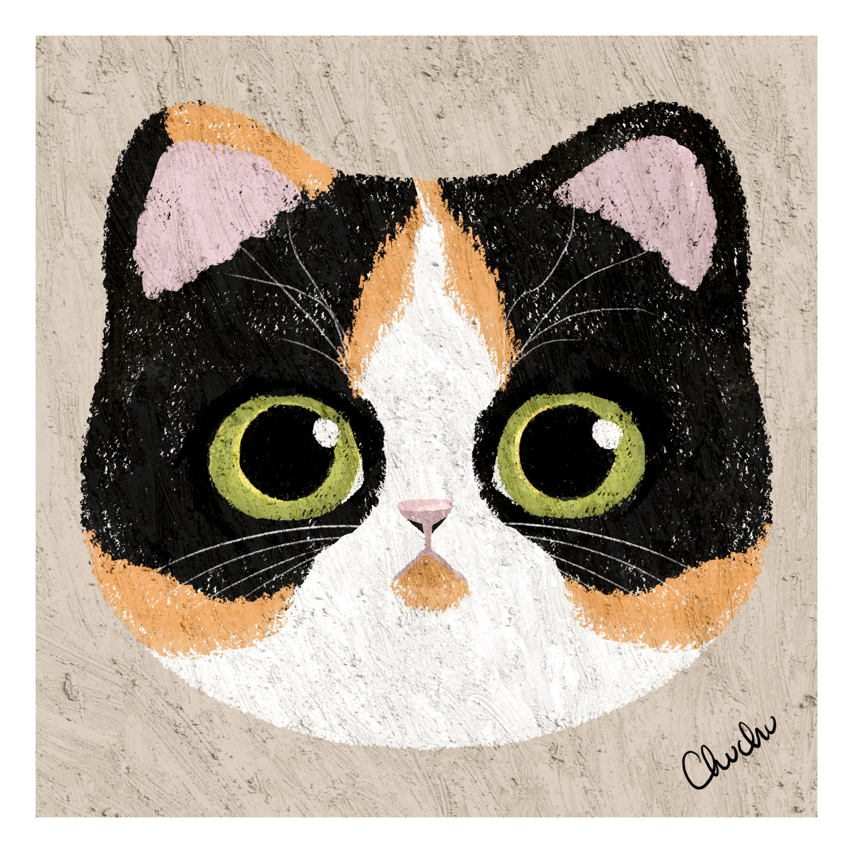 calico cat with big green yellow eyes very cute and calm demeanor cat in fun pastel textures original handdrawn digital illustration