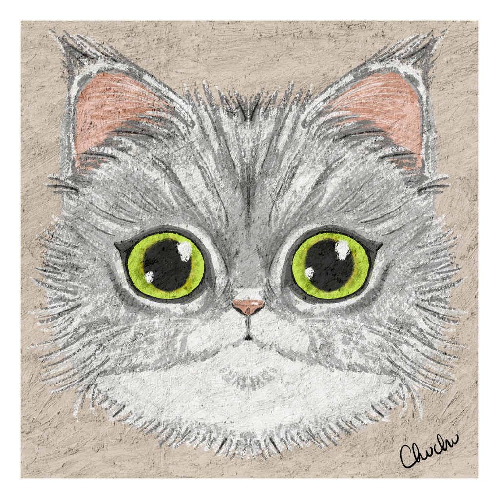 maine coon cat portrait art print white and grey with big green eyes in pastel textures cute and quirky design original artwork