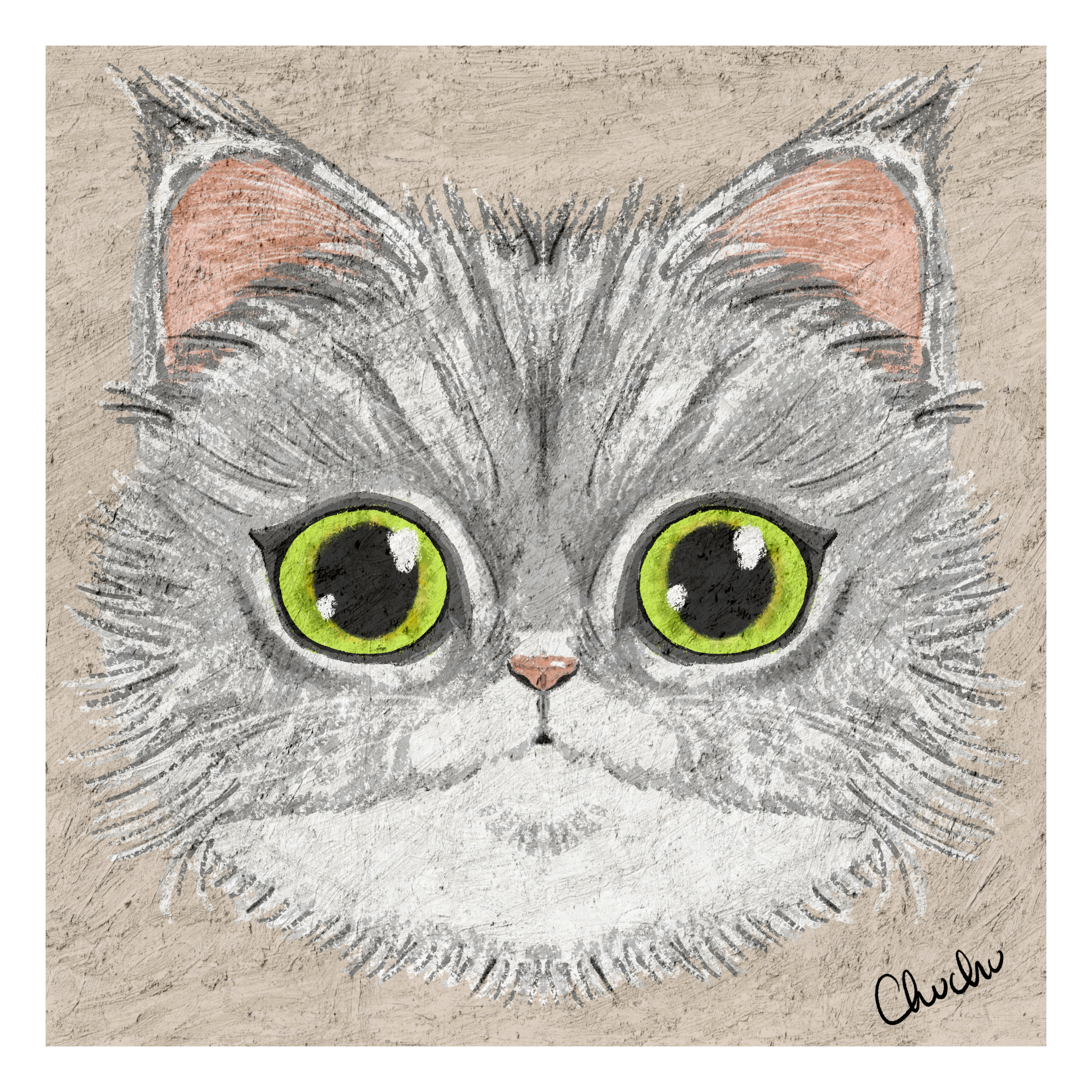 maine coon cat portrait art print white and grey with big green eyes in pastel textures cute and quirky design original artwork