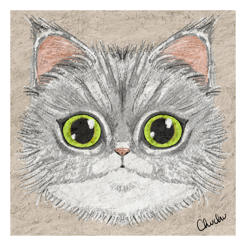 maine coon cat portrait art print white and grey with big green eyes in pastel textures cute and quirky design original artwork