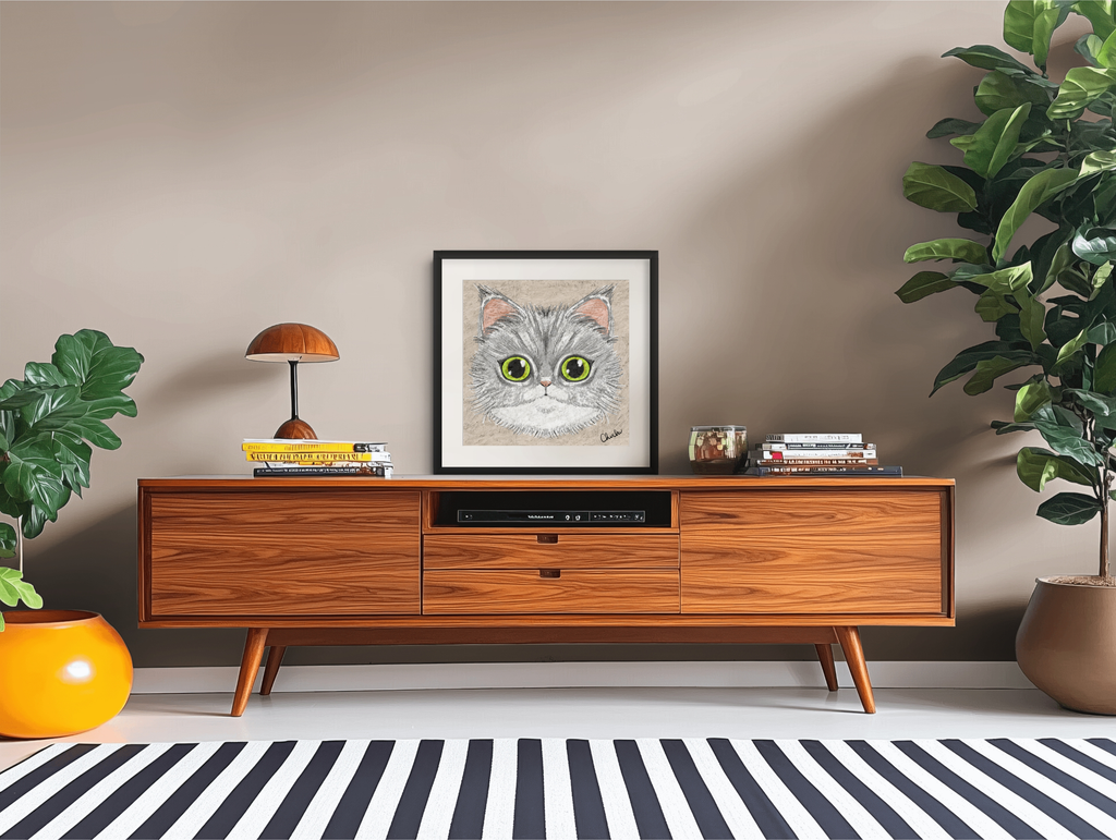 maine coon fun  art print painting quirky fun design illustration in wooden eclectic living room space home decor art piece design