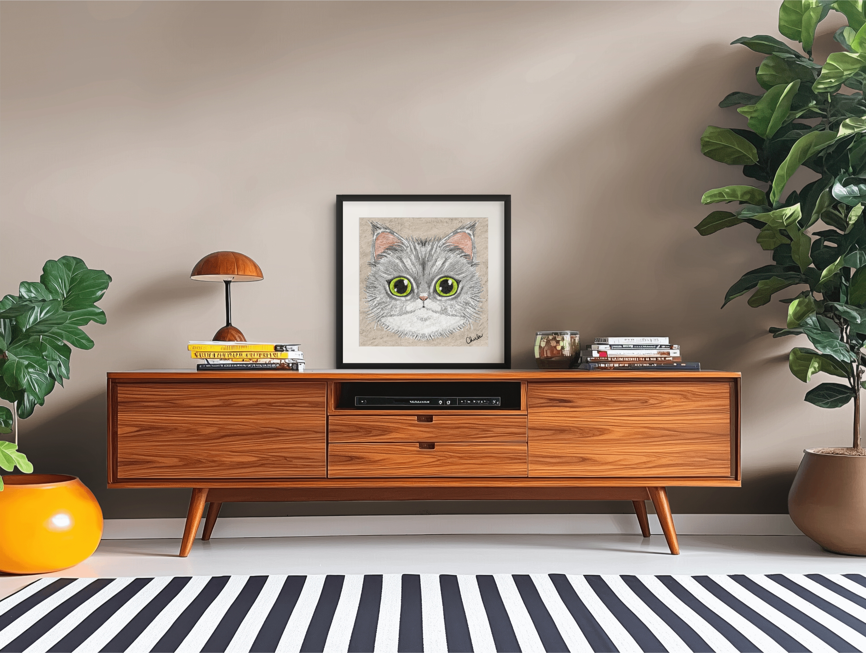 maine coon fun  art print painting quirky fun design illustration in wooden eclectic living room space home decor art piece design