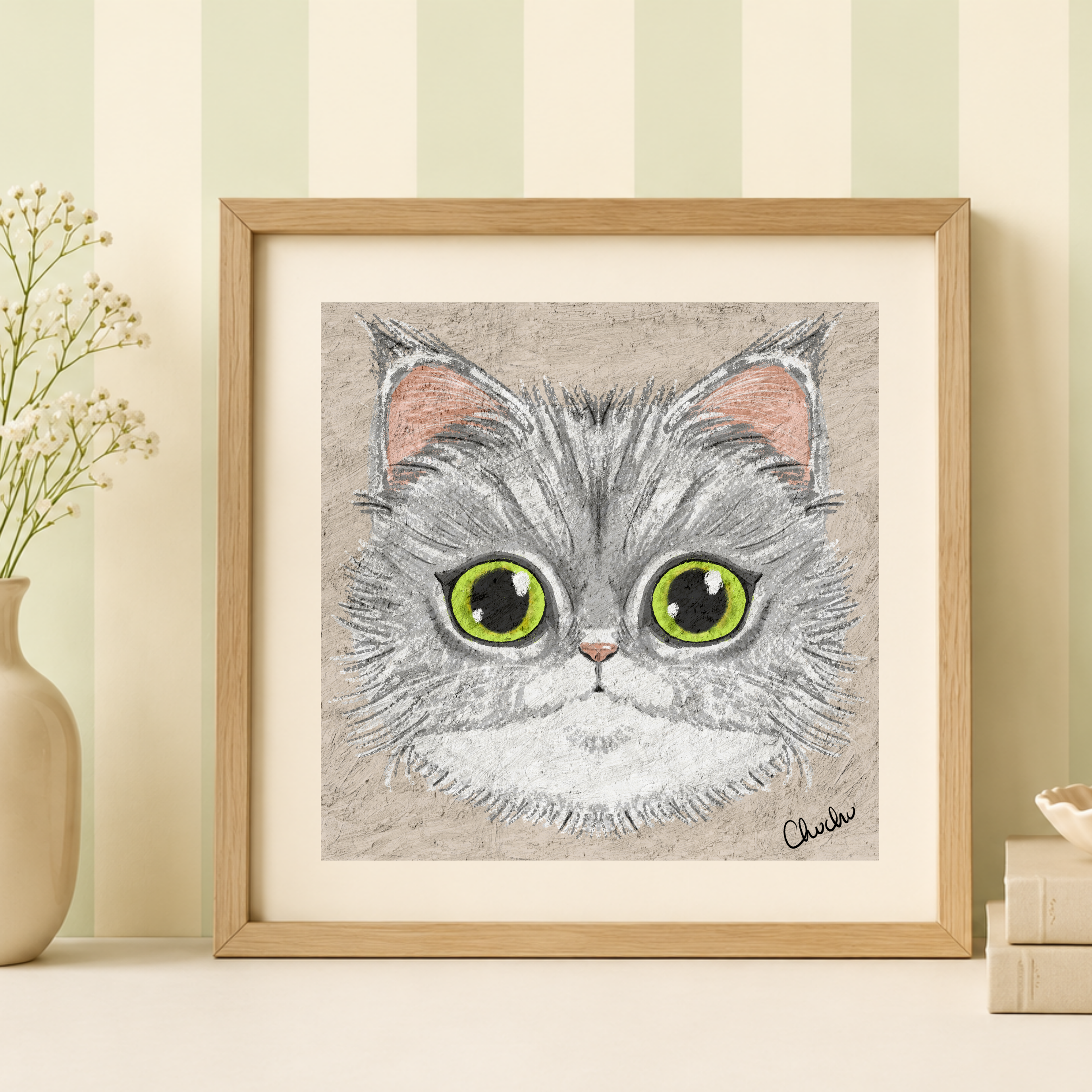 grey and white maine coon long furry cat head portrait in wooden frame with stripe wallpaper