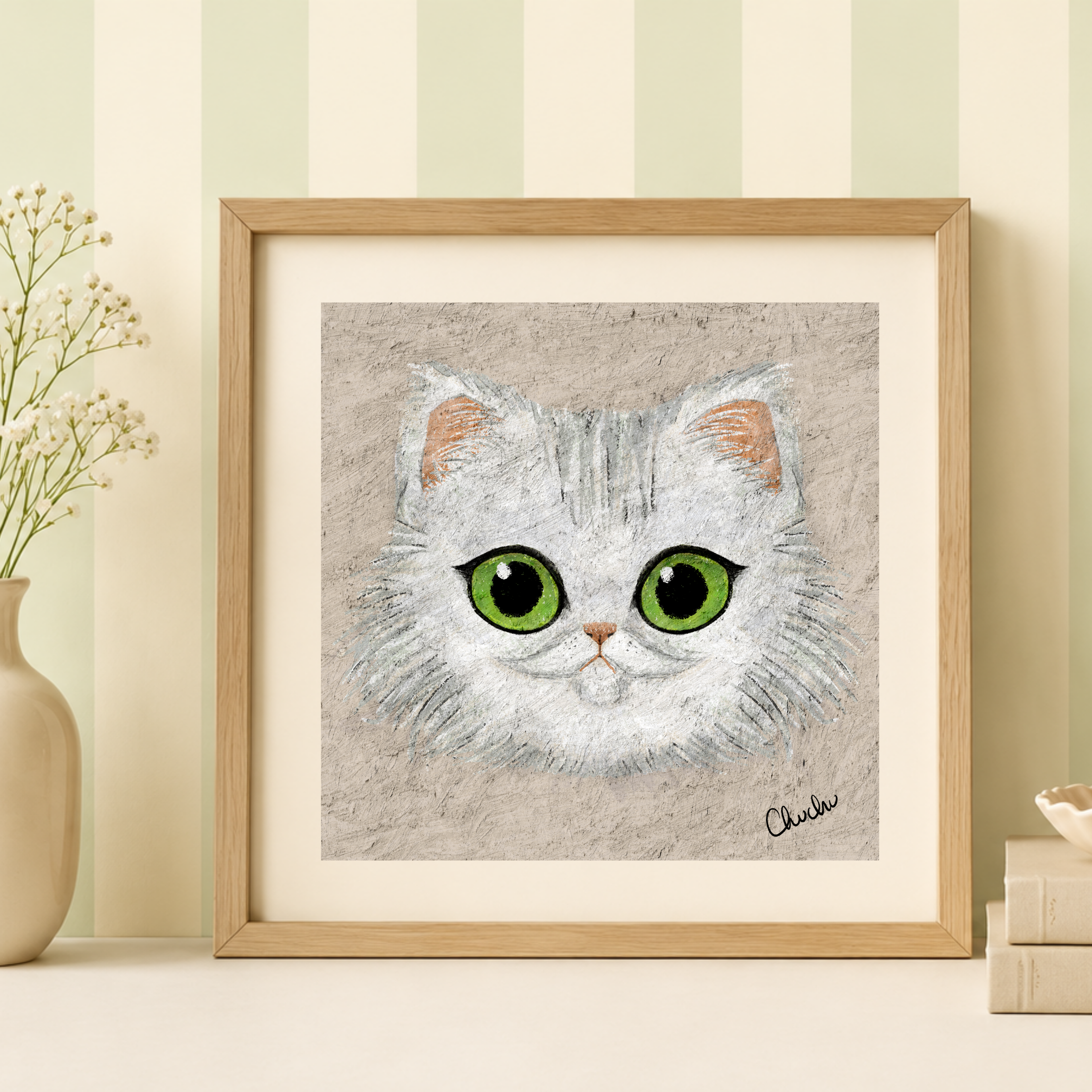 beige background with persian white cat pastel art painting original artwork wooden frame with stripe wallpaper