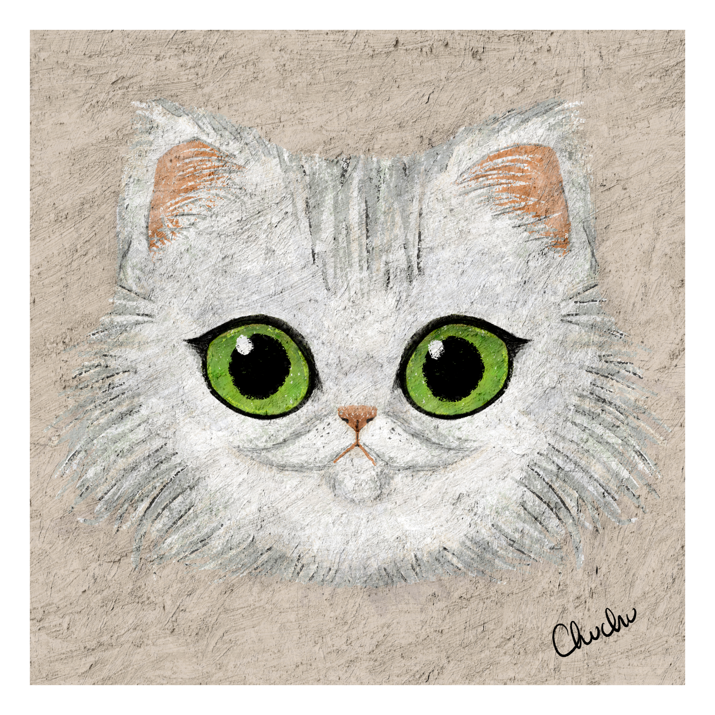 white persian cat with big green eyes and fluffy fur in cute pastel textures original digital illustration and funny moustache on the cat