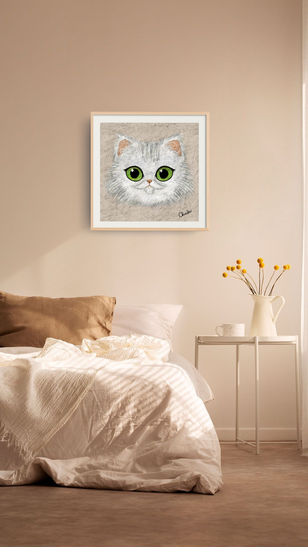 white persian cat with green eyes fun cat portrait painting original artwork and frame decor in boho bedroom light and airy minimalist design
