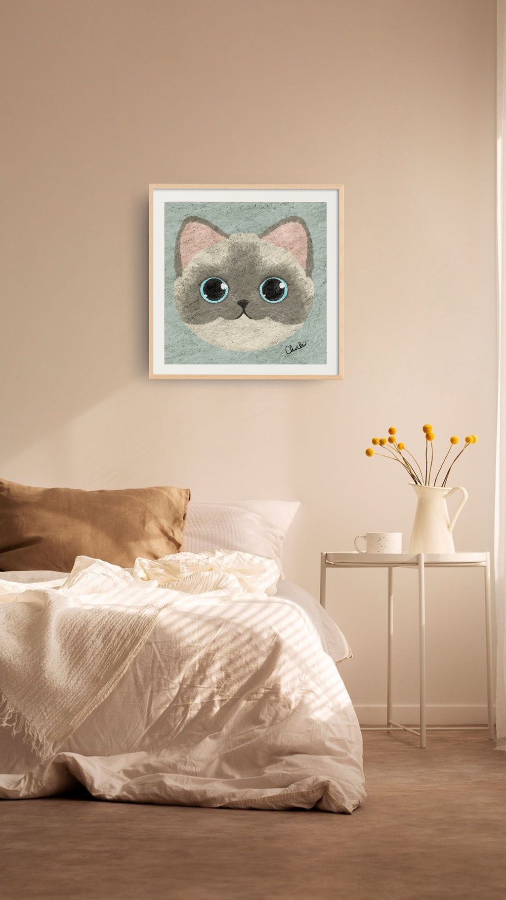siamese cat with blue eyes and big pink ears pastel texture original artwork digital illustration painting frame decor in boho minimalist bedroom decor