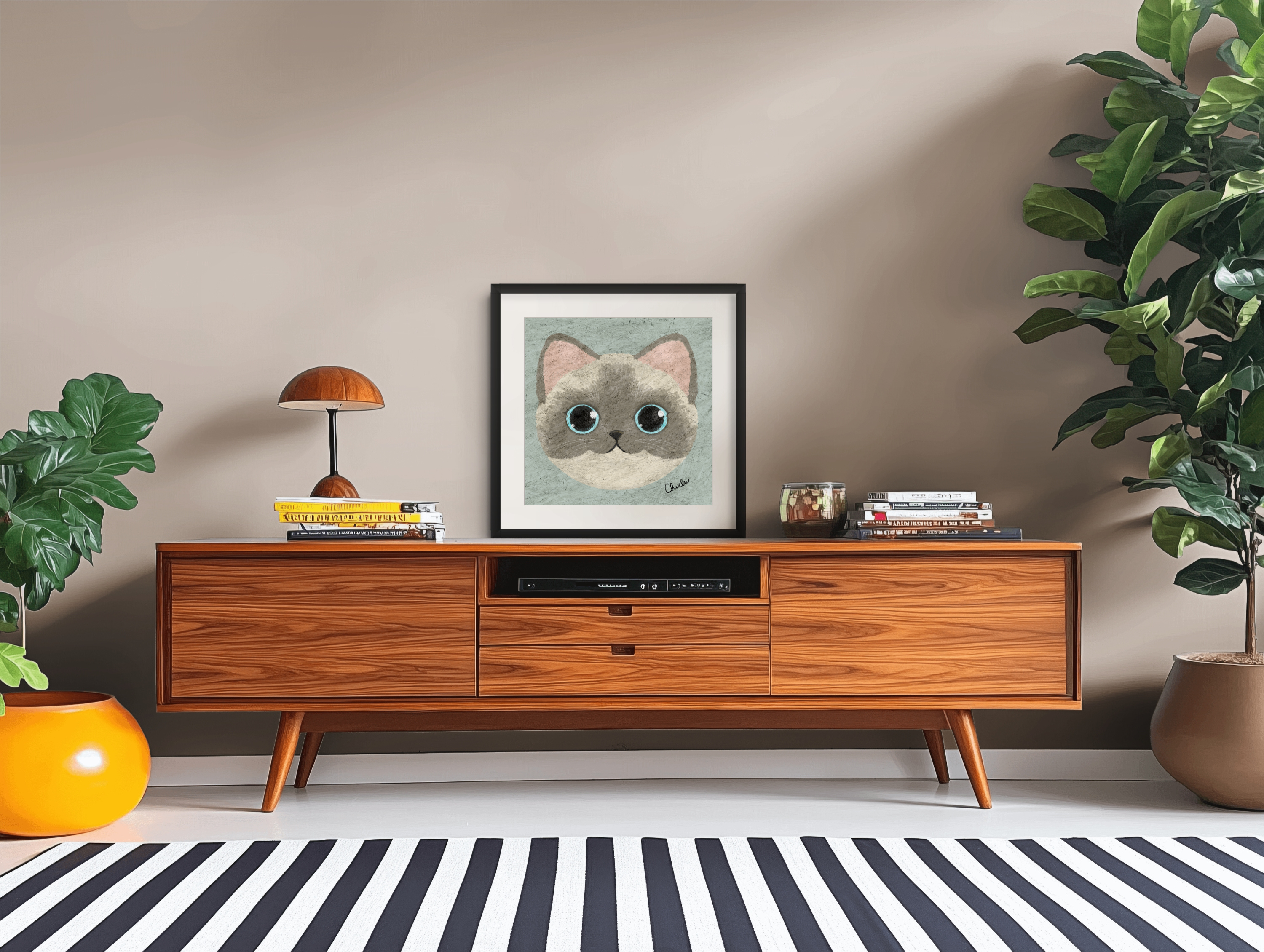 pastel siamese cat art print painting quirky fun design illustration in wooden eclectic living room space home decor art piece design