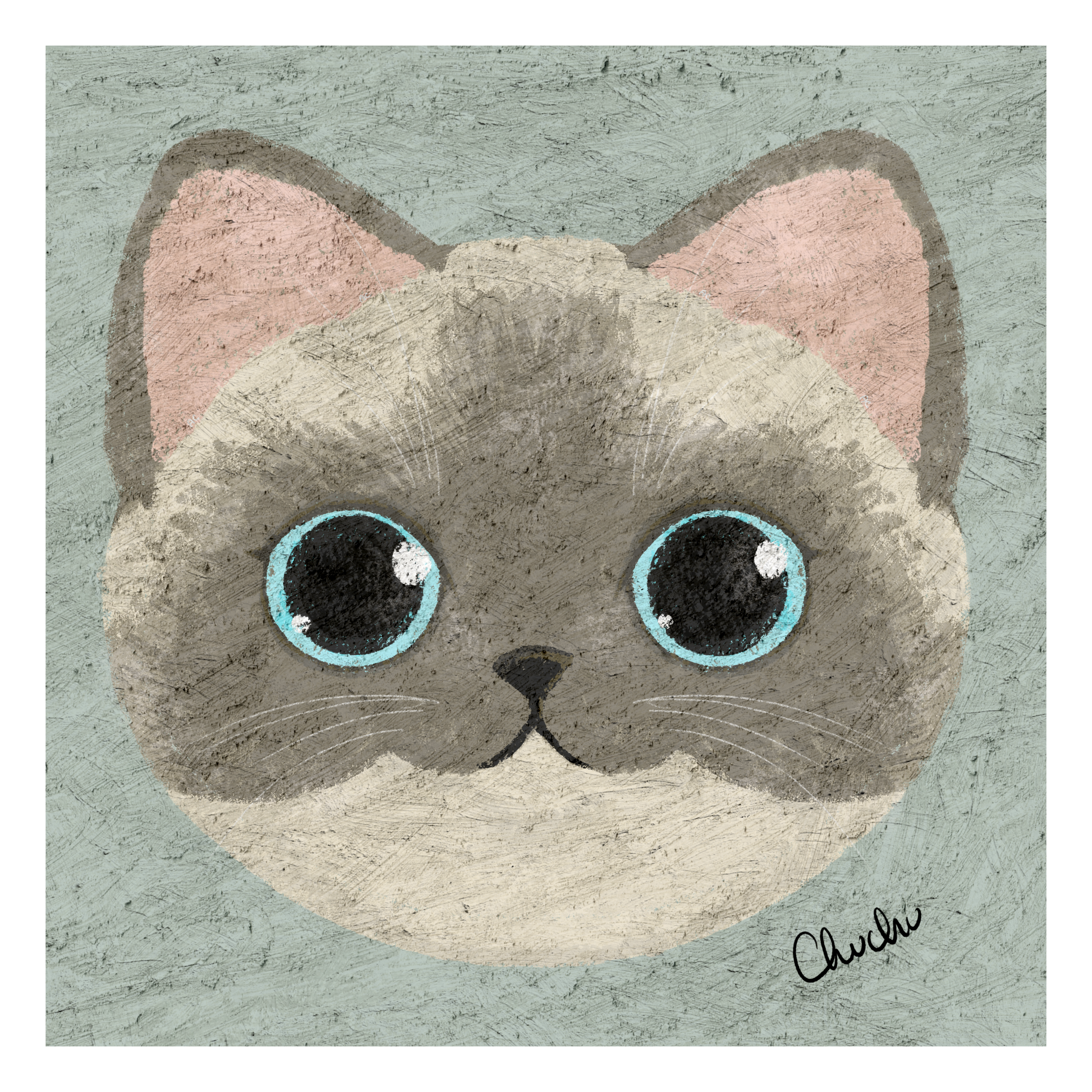 siamese cat with big sky blue eyes and pink ears in cute pastel colors and textures and original artwork design of cute cat portrait