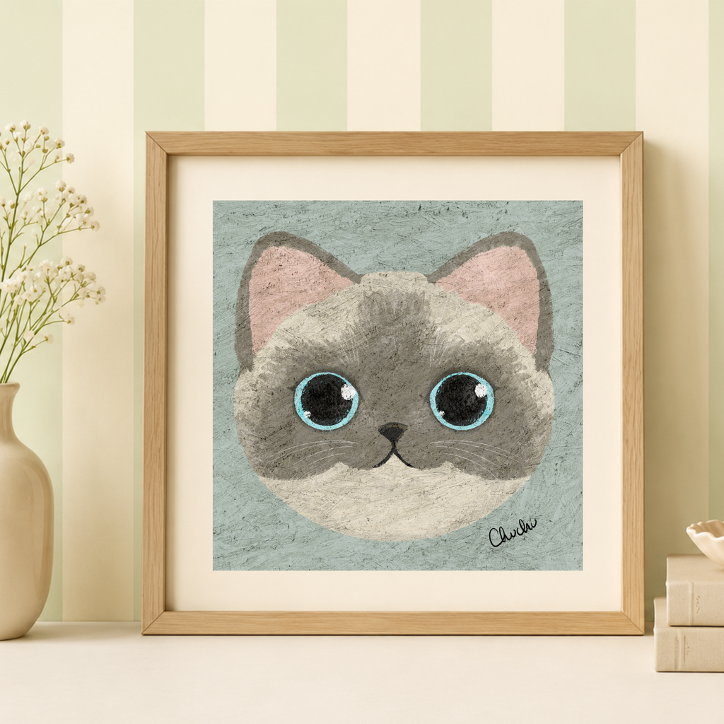 siamese cat with blue background in wooden light frame and fun quirky stripe wallpaper home decor