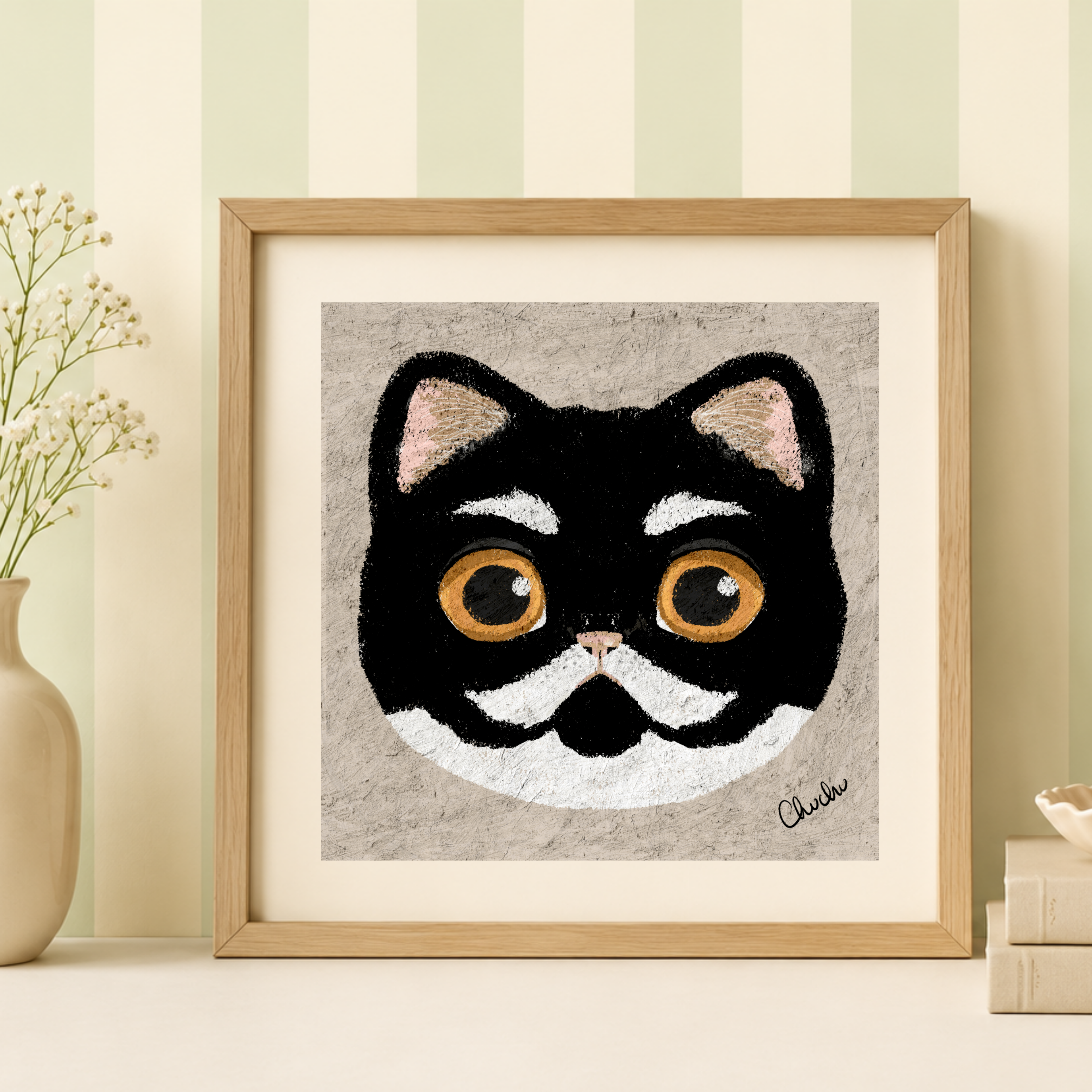 white moustache and eyebrows tuxedo cat art portrait frame decor wooden frame and stripe wallpaper