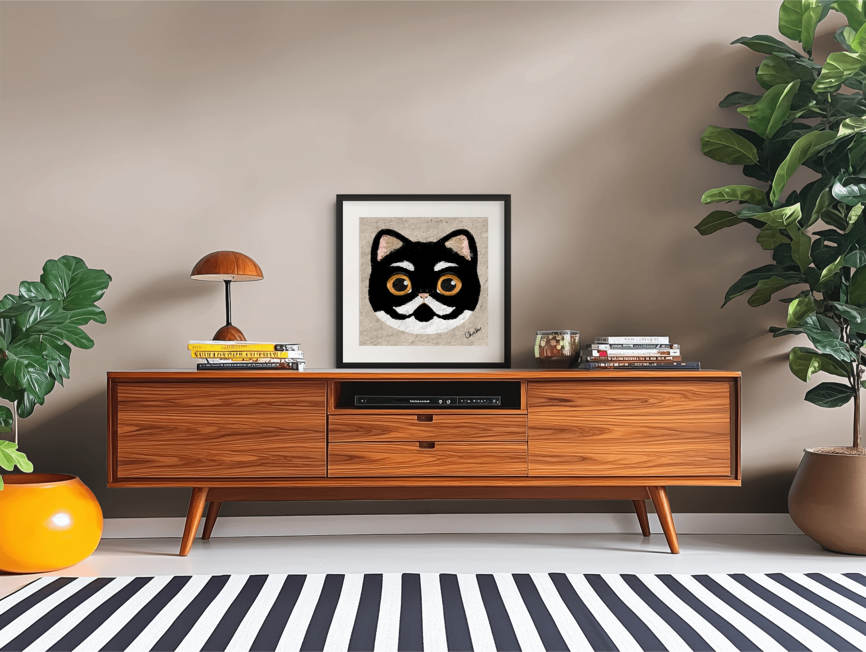 funny tuxedo cat  art print painting quirky fun design illustration in wooden eclectic living room space home decor art piece design