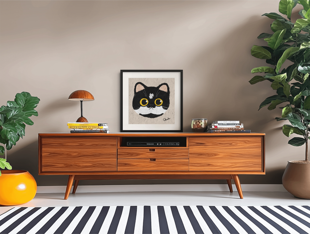 tuxedo cat print painting quirky fun design illustration in wooden eclectic living room space home decor art piece design