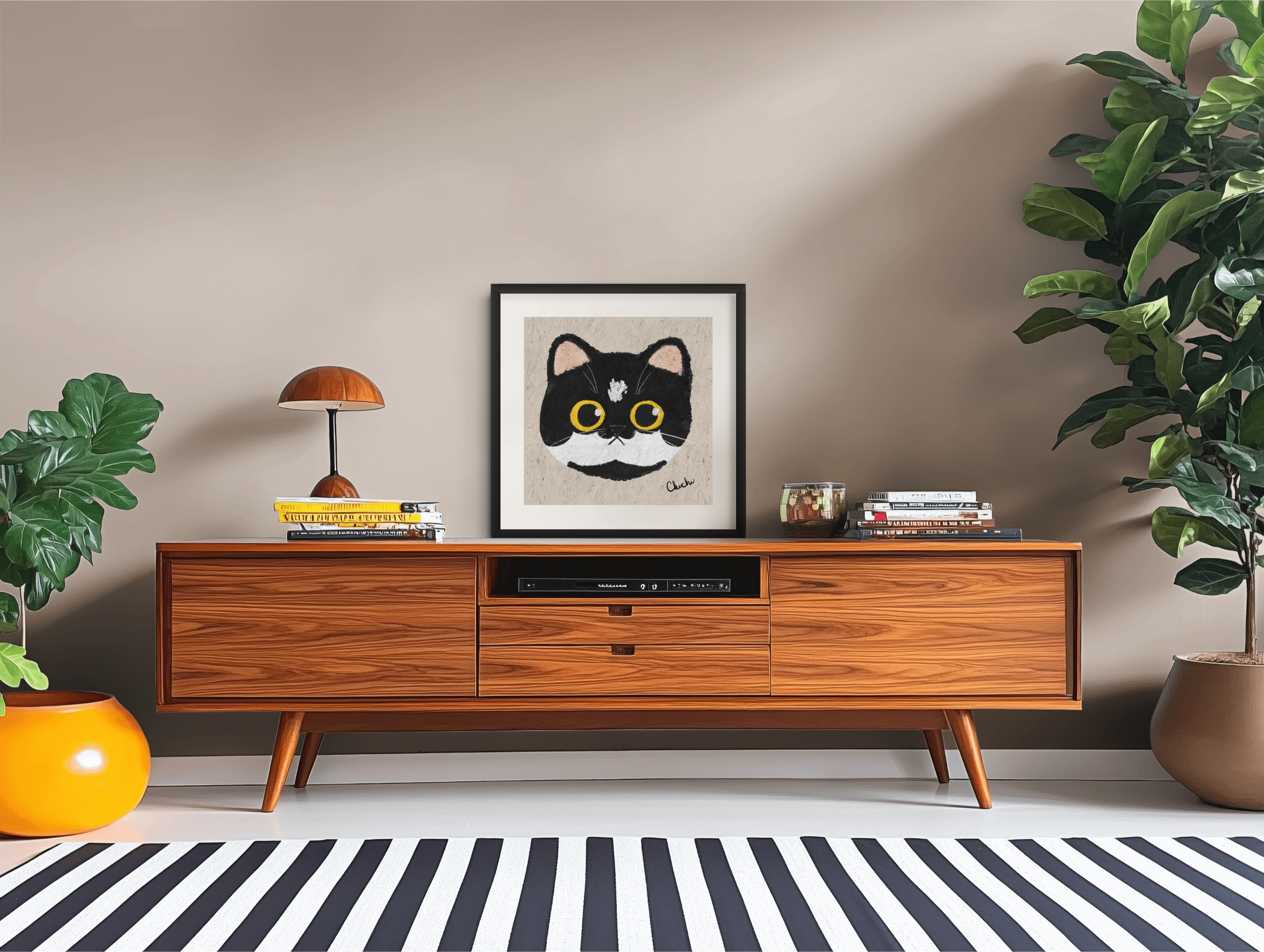 tuxedo cat print painting quirky fun design illustration in wooden eclectic living room space home decor art piece design