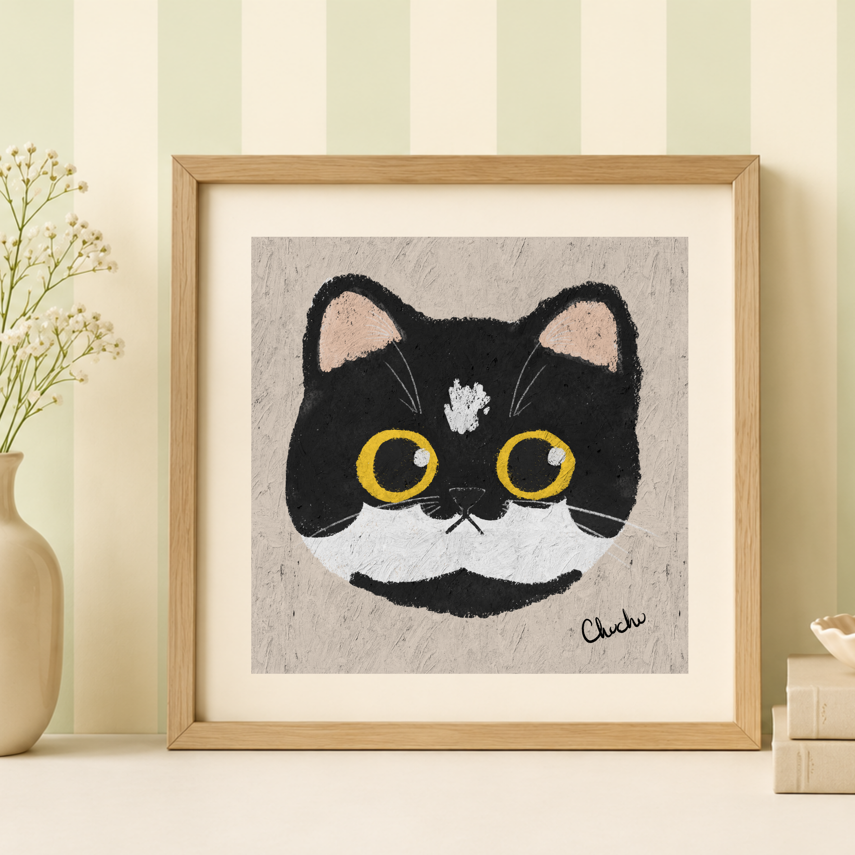tuxedo cat art print painting in wooden light frame and beige and green stripe wallpaper home decor