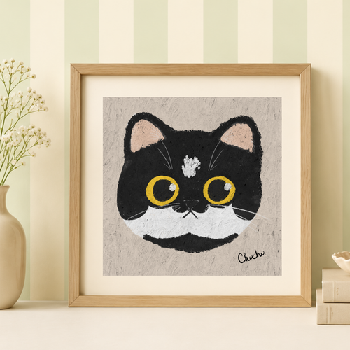 tuxedo cat art print painting in wooden light frame and beige and green stripe wallpaper home decor