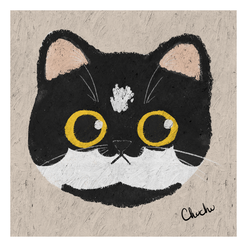 tuxedo cat with yellow eyes and cute pastel texture in originally digital illustration cat portrait cute and quirky 