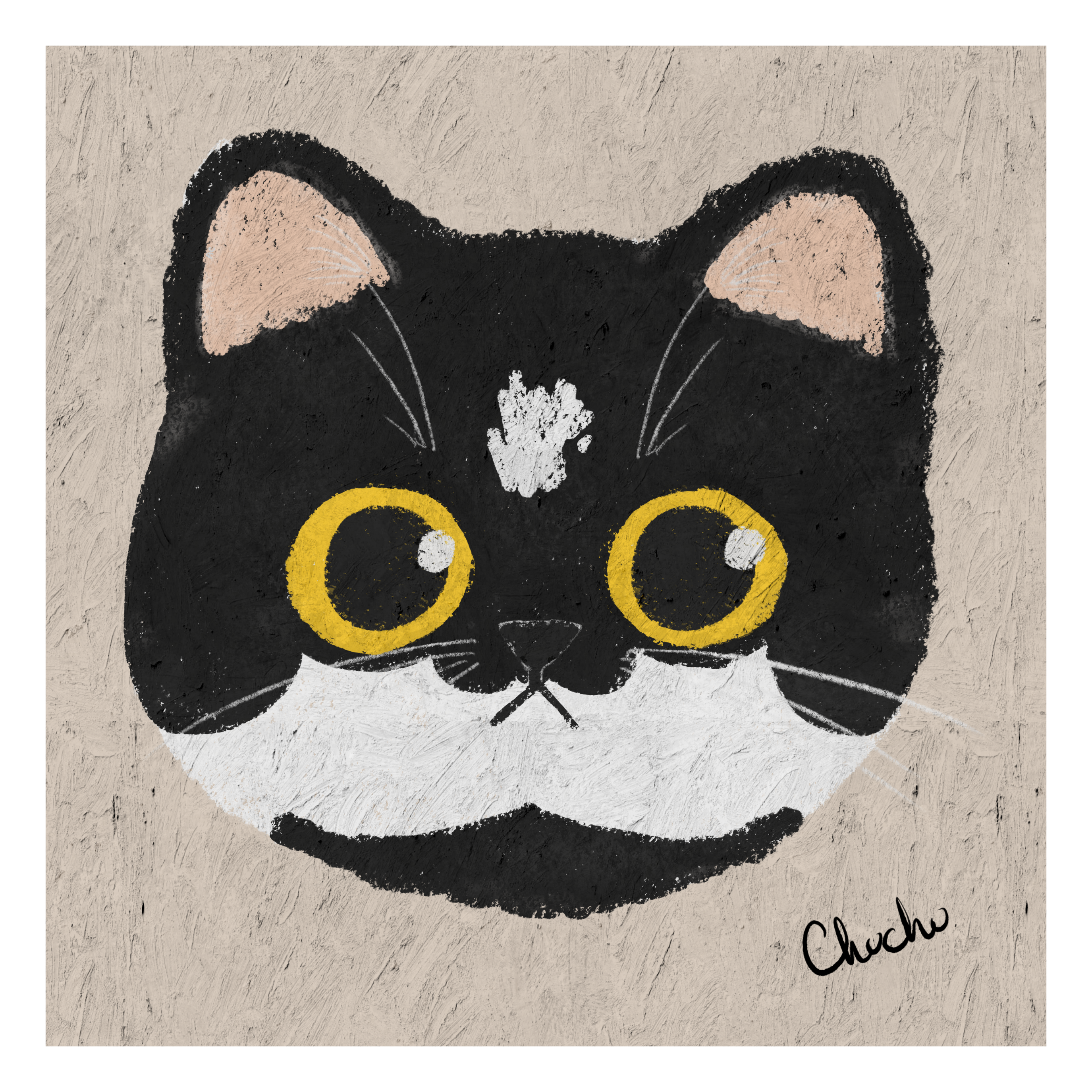 tuxedo cat with yellow eyes and cute pastel texture in originally digital illustration cat portrait cute and quirky 