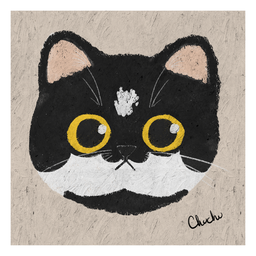 tuxedo cat with yellow eyes and cute pastel texture in originally digital illustration cat portrait cute and quirky 