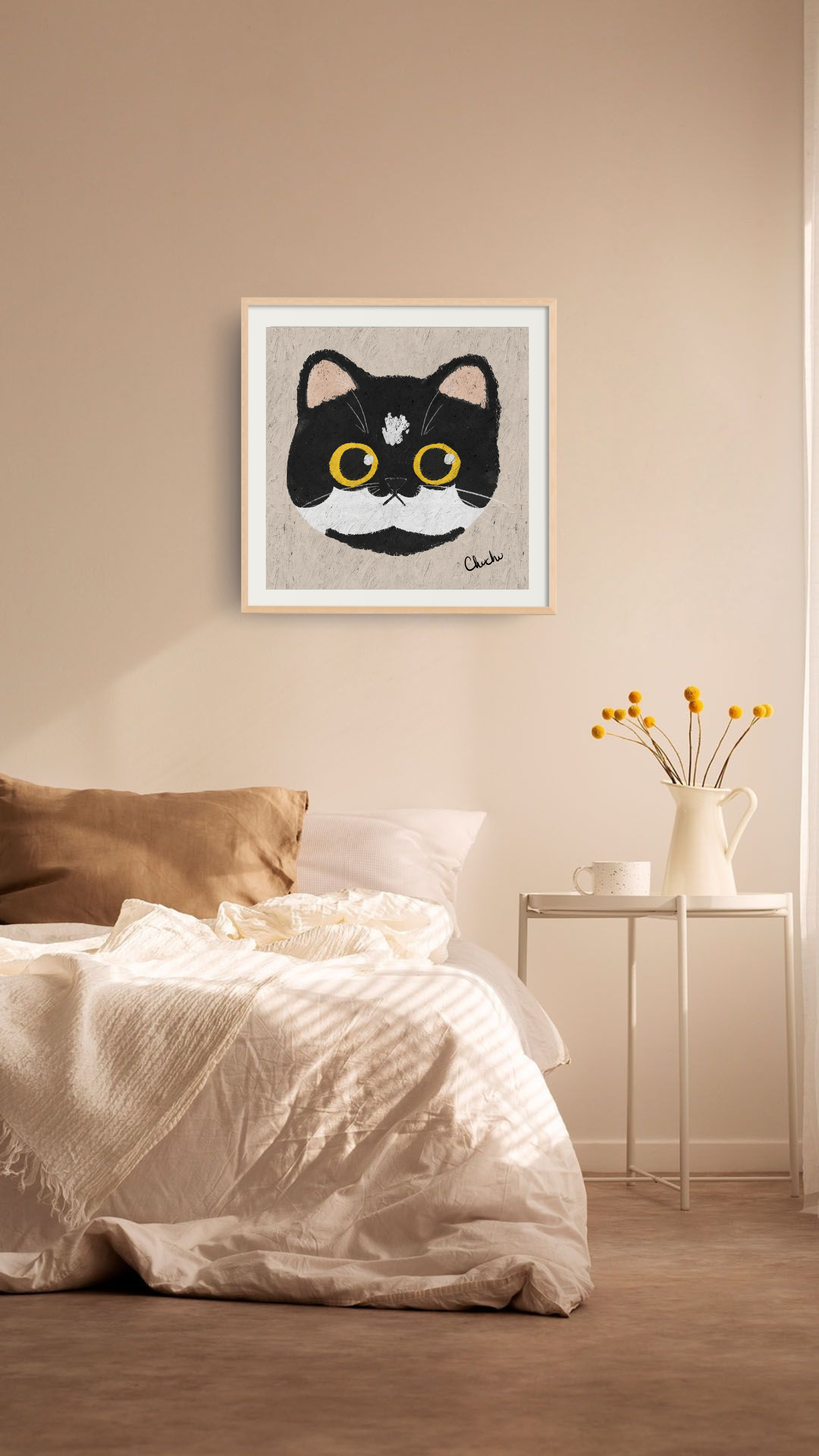 funny quirky whimsical tuxedo cat with yellow eyes cat portrait frame decor painting original artwork in boho minimalist bedroom decor