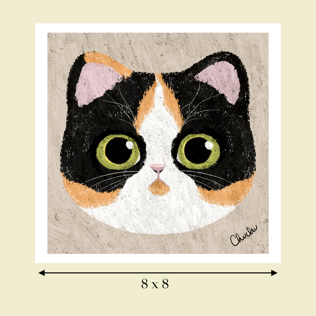 cute whimsical tricolor calico  cat art print image size reference