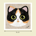 cute whimsical tricolor calico  cat art print image size reference